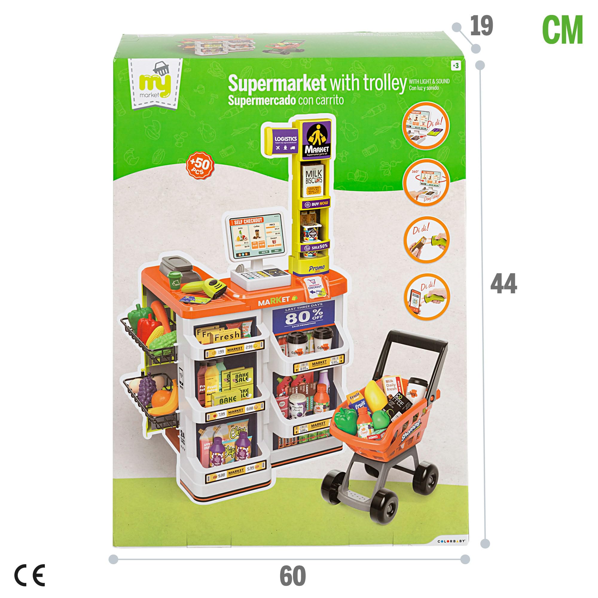 ColorBaby 47965 My Home Supermercato Giocattolo con Carrello, Luce e Suono Realistico, Registratori di Cassa elettronici, +50 Pezzi, Dimensioni 50 x 42 x 82 cm, Giocattoli per Bambini 3 Anni