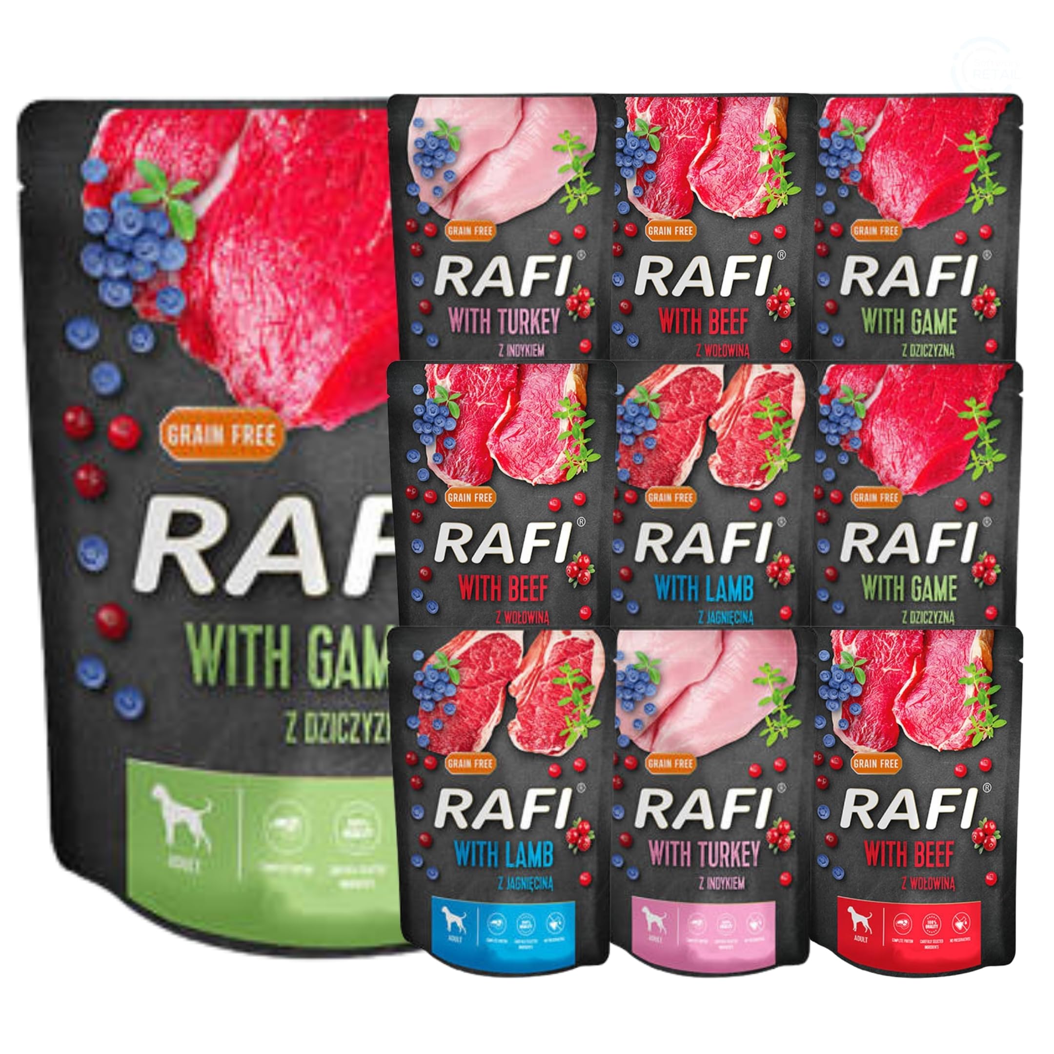 Rafi Complete Wet Dog Food: Meat & Natural Ingredients, Grain-Free, Immune-Boosting Superfoods in Every Flavour! Healthy & Tasty Nutrition for All Breeds! (MIX, 10x300g)