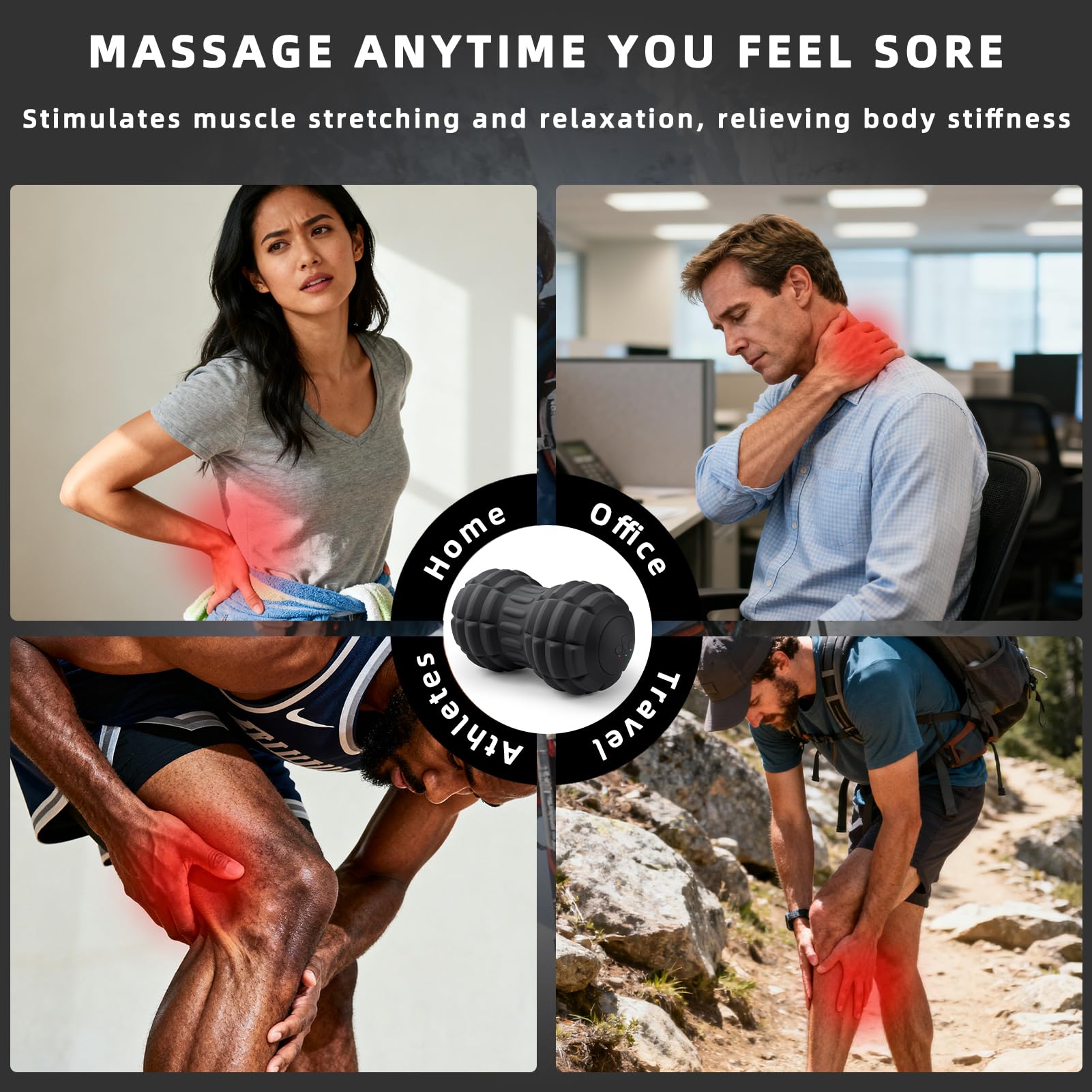 Balle de massage vibrante en forme d'arachide pour fasciite plantaire, rouleau de massage portable à 4 vitesses pour pieds, cou, dos et corps – Balle de relaxation musculaire pour
