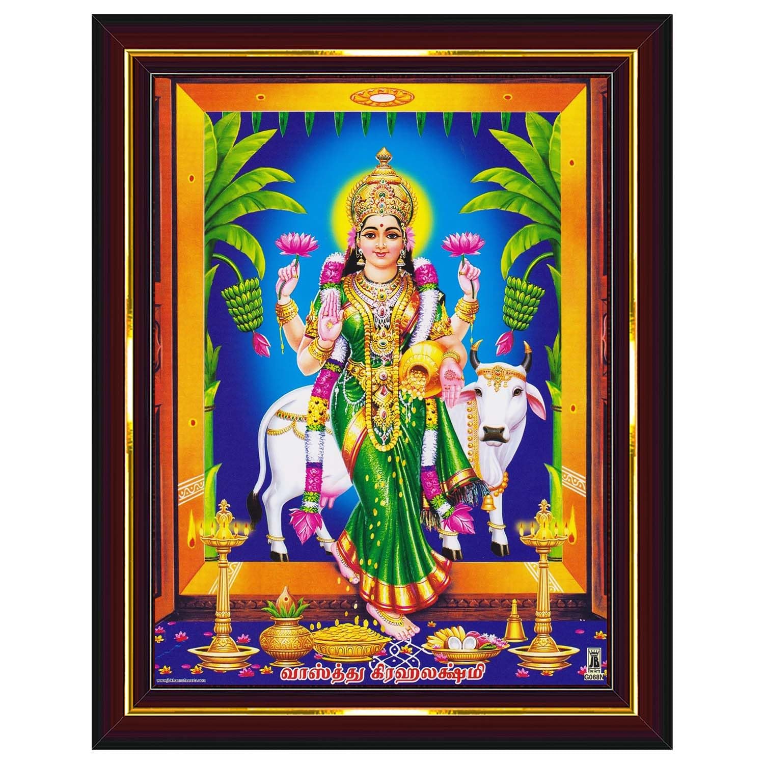 Goddess Lakshmi Devi Gruha Gruhalakshmi Cow Wall Painting Framed Home Decor (Wood,Acrylic,Brown,Big Size,10x12 Inch) B364M
