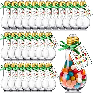 Crtiin 36 Set Christmas Candy Containers Fillable Light Bulb Ornaments 100 ml Clear Plastic Candy Containers Reusable Candy Jars with Happy Holiday cards Christmas Gifts Bulk for Xmas Party Crafts