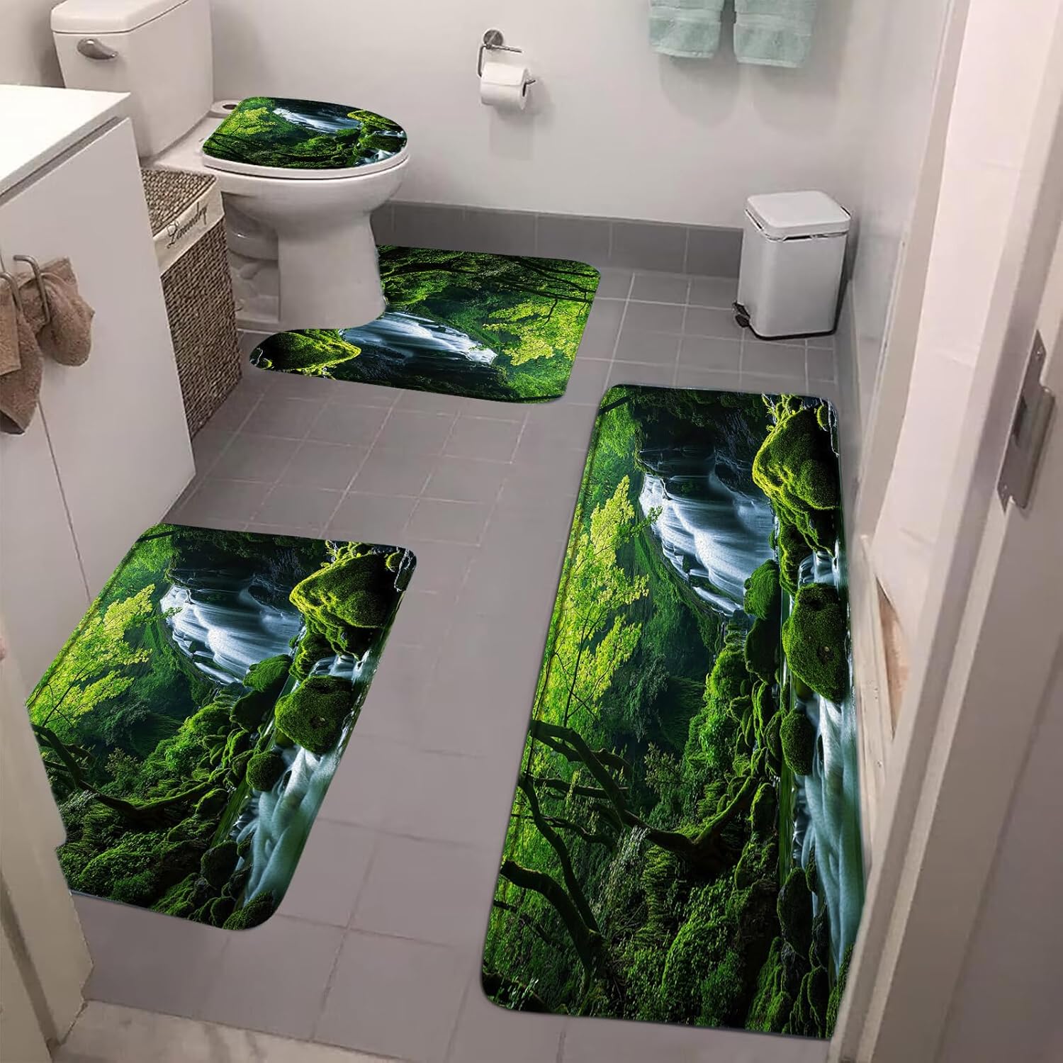 4 Pieces Bathroom Rug Sets,Tropical Landscape Waterfall Jungle Rainforest Forest Lake Nature Green 16"x24"and 20"x31"Bath Mats,Toilet Cover,U-Shaped Toilet Mat