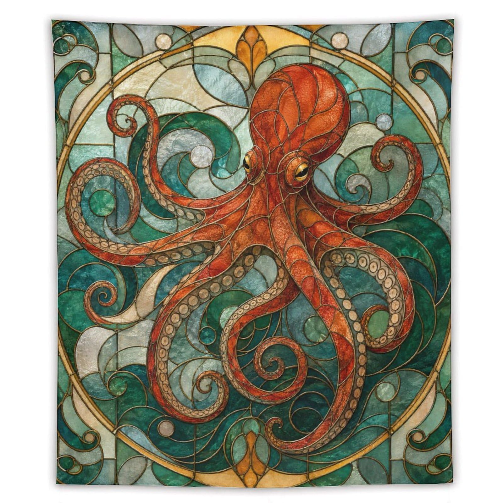 W7C8U2X3 Octopus Stained Glass Wall Tapestry, Art Nouveau, Art Nouveau