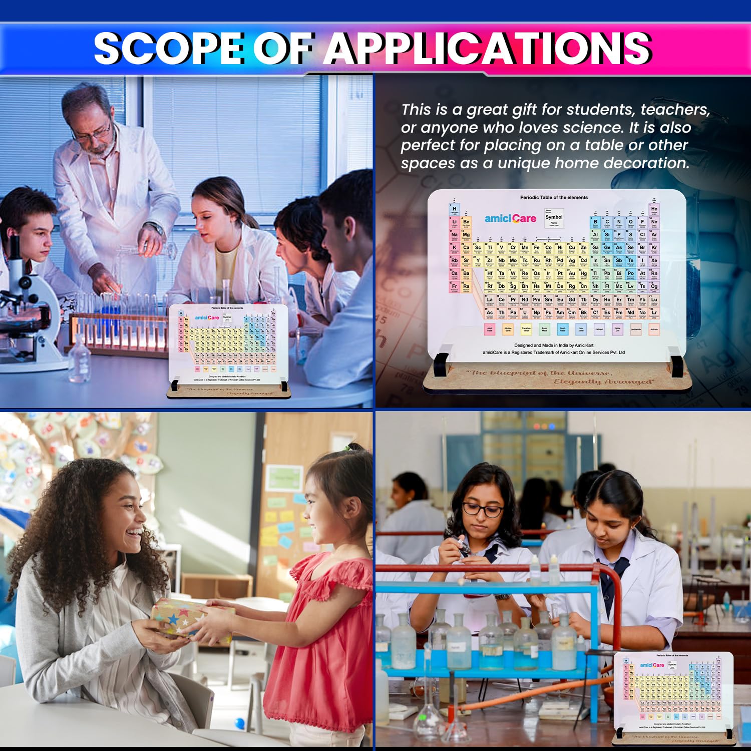 amiciCare Periodic Table Display with Wooden Stand – Elegant Chemistry Smart Learning Tool for Students and Educators, 25x19 cm Science Element Chart