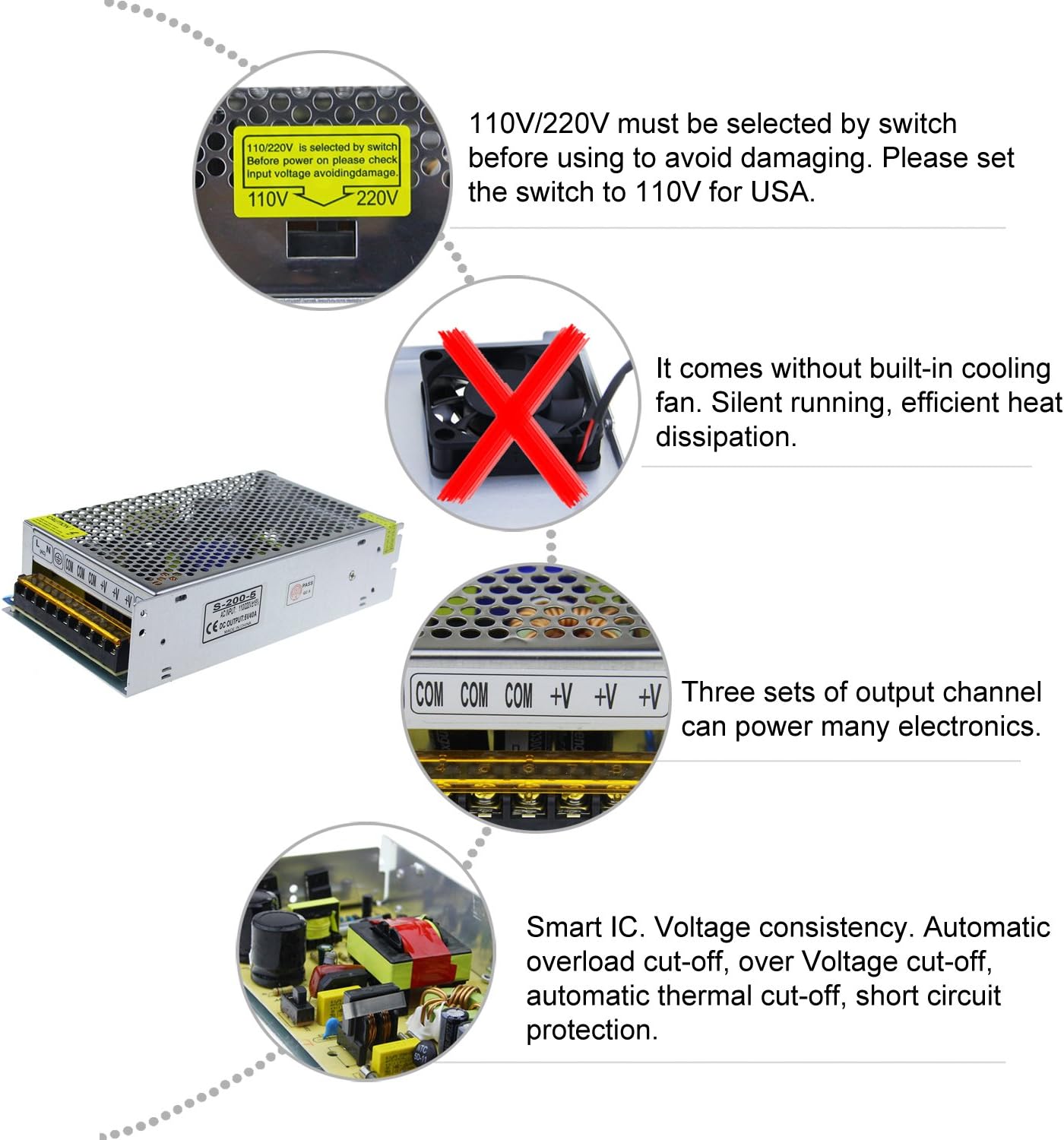 ALITOVE 5V 40A DC Power Supply 200W 4.5V 5.5V Power Adapter 110V/220V AC to DC 5 Volt 40 Amp Converter Low Voltage Transformer 2 Output LED Driver for WS2812B WS2811 LED Strip Pixel Light CCTV Camera - Image 3