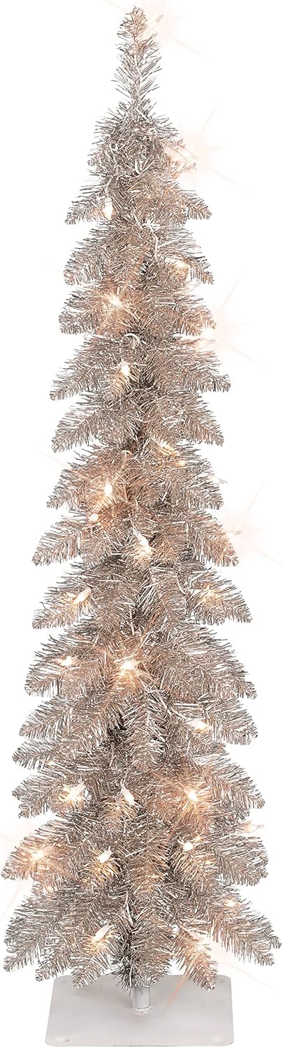 Puleo International 4 ft Pre-Lit Rose Gold Artificial Alpine Pencil Tree 136 Tips 50 Clear Lights