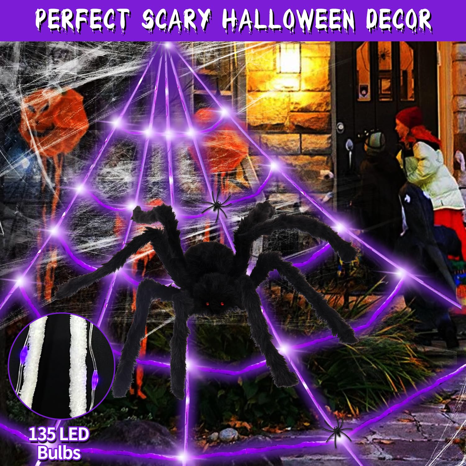 Halloween Decorazioni，135 LED Ragnatela Decorazioni Halloween Case, 40 g Retrattile Ragnatele Halloween con 90 cm Finto Grande Ragno, 8 Modelli Viola Impermeabile Halloween Luci