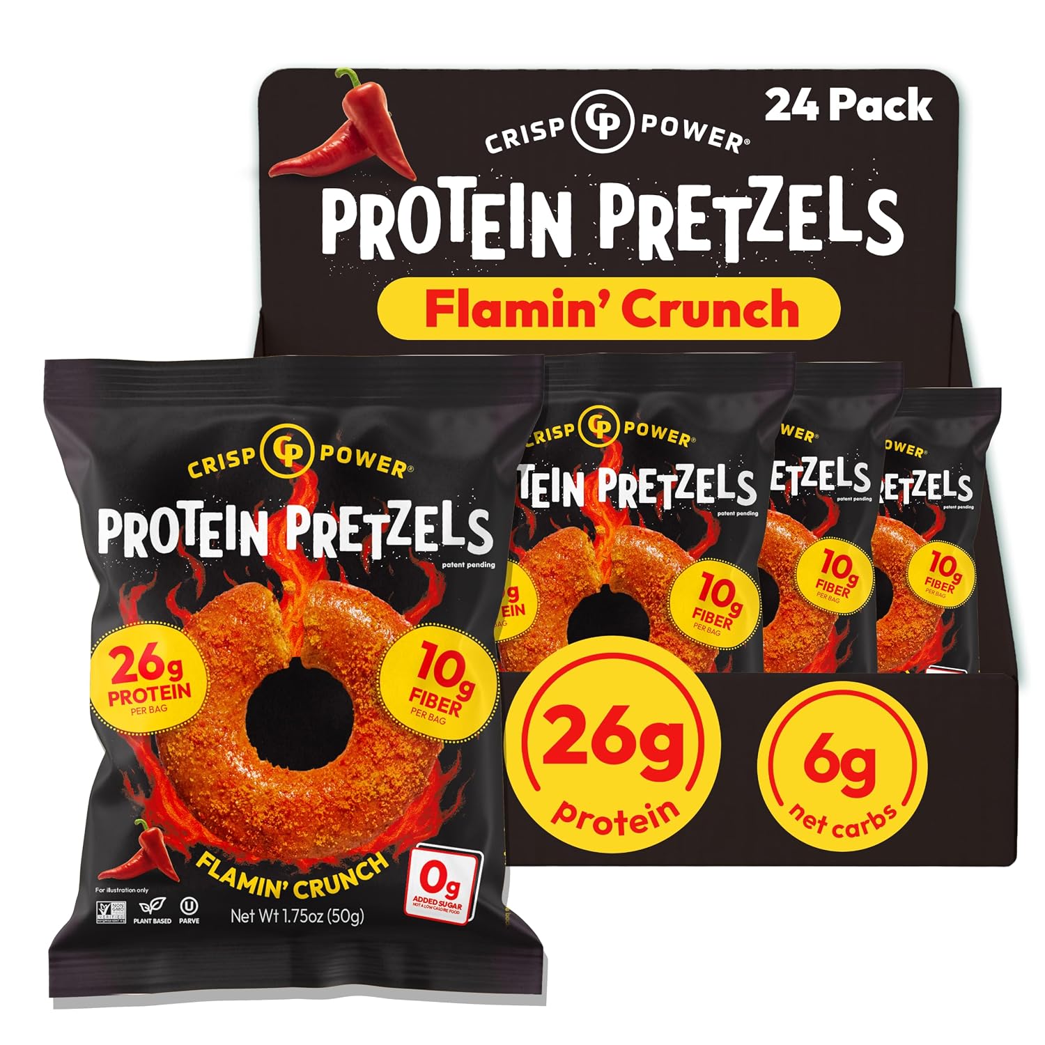 Crisp Power Flamin Crunch Protein Pretzels, High Protein Snack, 24 Pack