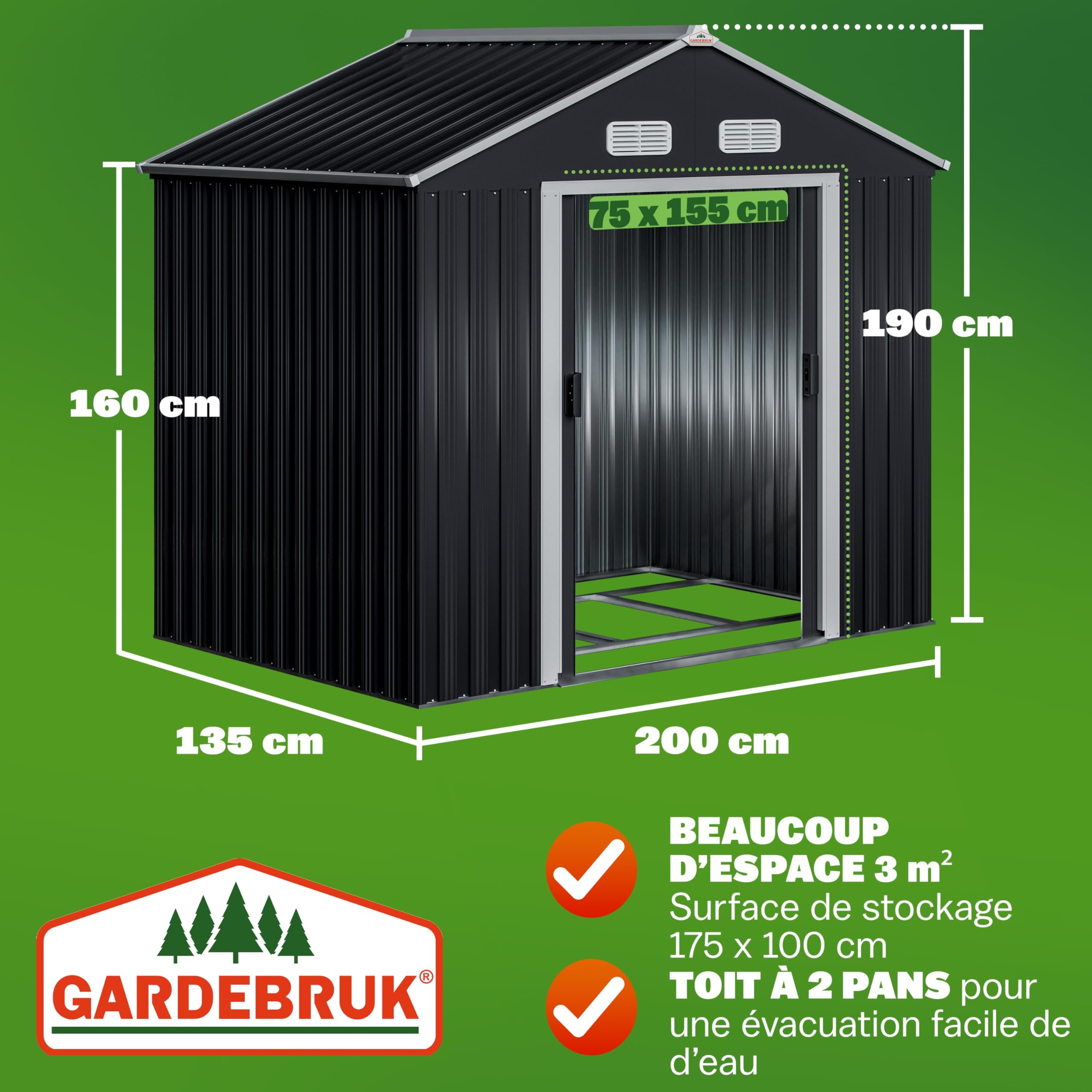 GARDEBRUK® Abri de Jardin métal XL 2m² Fondation 200x135x190cm Porte coulissante Anthracite cabane de Jardin cabanon Rangement Outils 4m³