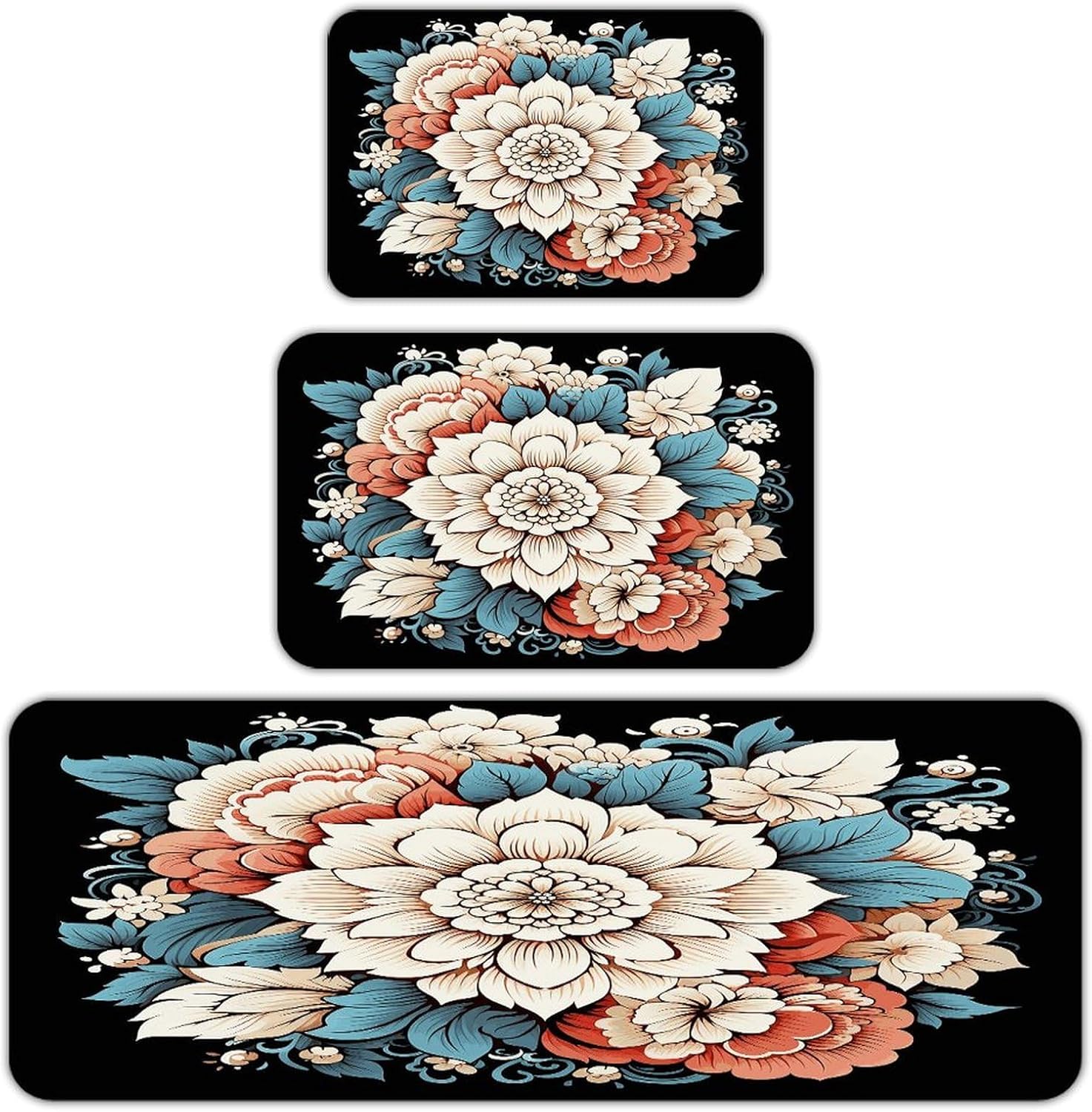 Floral Print Kitchen Rugs Set of 3 Non Slip Washable Kitchen Mats for Floor Soft Area Rug Kitchen Floor Mat Cushioned Anti Fatigue Mats Standing Sink Mat Decor Runner Rugs