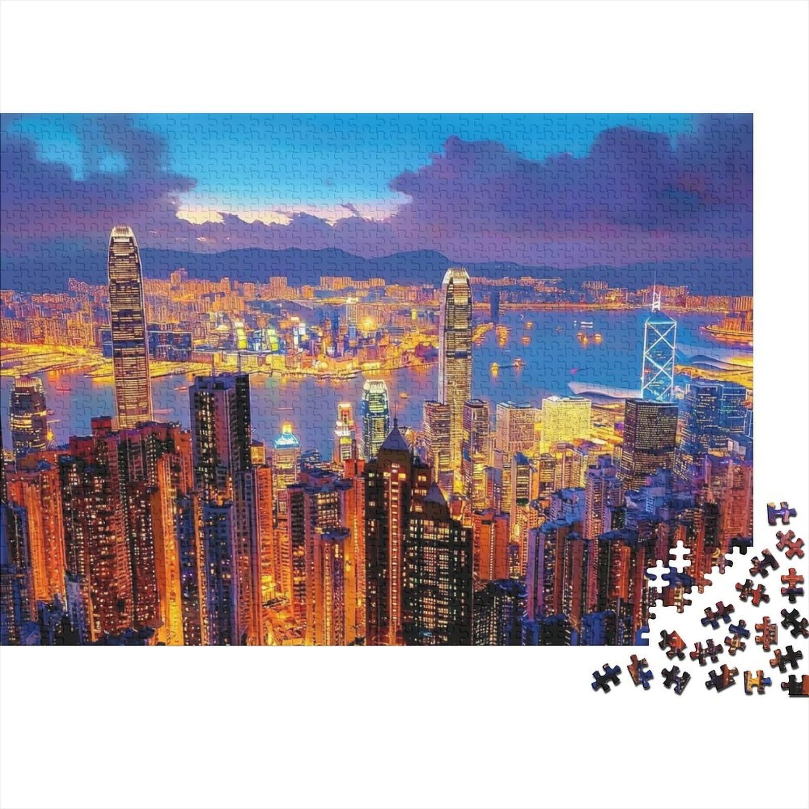 Hong Kong Skyline Night 1000-Piece Brain Teaser Jigsaw for Adults Family Recycled Cardboard Fantasy City Stress Relief Concentration Dust-Free Birthday Gift 38x26cm/1000pcs