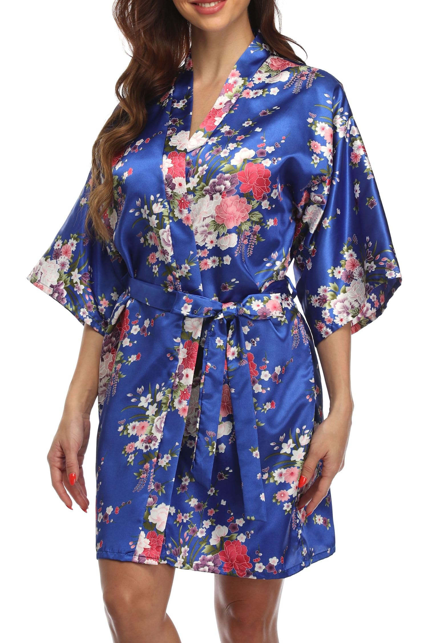 Womens Satin Kimono Robes Short Silky Floral Robe Bride Bridesmaid Robes Bathrobes for Wedding Party