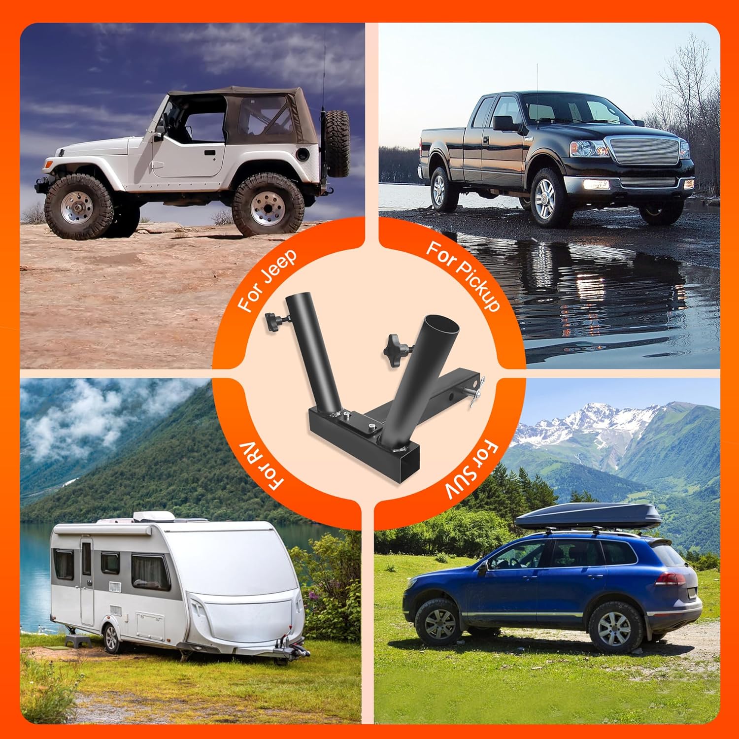 Dual Hitch Mount Flagpole Holder, Heavy Duty Double Flag Poles Holder Univesal for Standard 2 inch Hitch, Compatible with Jeep Truck SUV RV Pickup Camper Trailer with Anti-Wobble Screw - Image 5