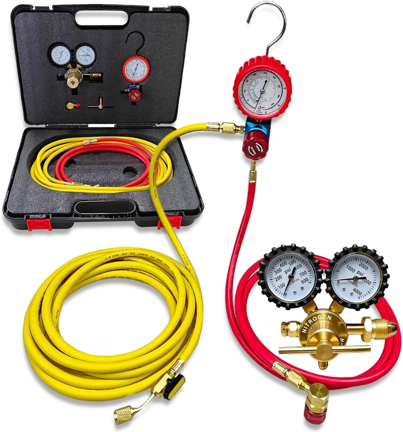 Automotive/HVAC Nitrogen Pressure Leak Test Kit. Pressure Testing Tools, Includes Regulator , 1-Valve Manifold, 1/4" Red and 1/4" Yellow Hose for Hose Leaks Loose Connections,Evaporators, Condensers