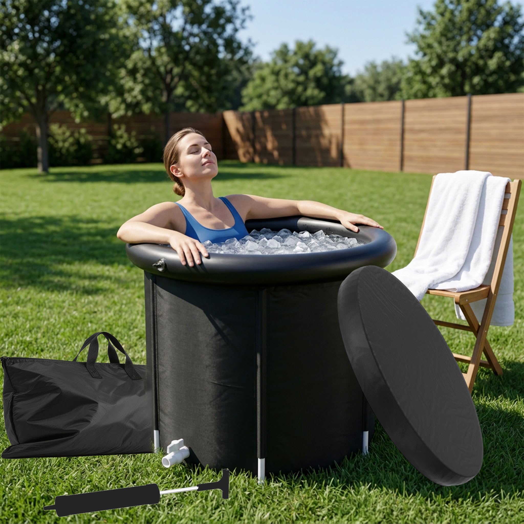 UISEBRT Boccetta per il bagno di ghiaccio con copertura, Ø 90 cm, per atleti, atleti, autoportante, 397 l, portatile, vasca da bagno mobile per casa e all'aperto