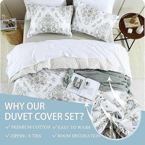 Miniatura 10 de Quilta Juego de funda de edredón de algodón tamaño Queen, 100% algodón, tamaño Queen, funda de edredón de damasco, 3 piezas, suave y ligera, con
