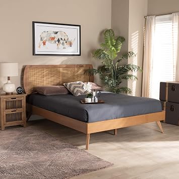 Baxton Studio Asami Mid-Century Modern Walnut Brown Finished Wood and Synthetic Rattan Full Size Platform Bed