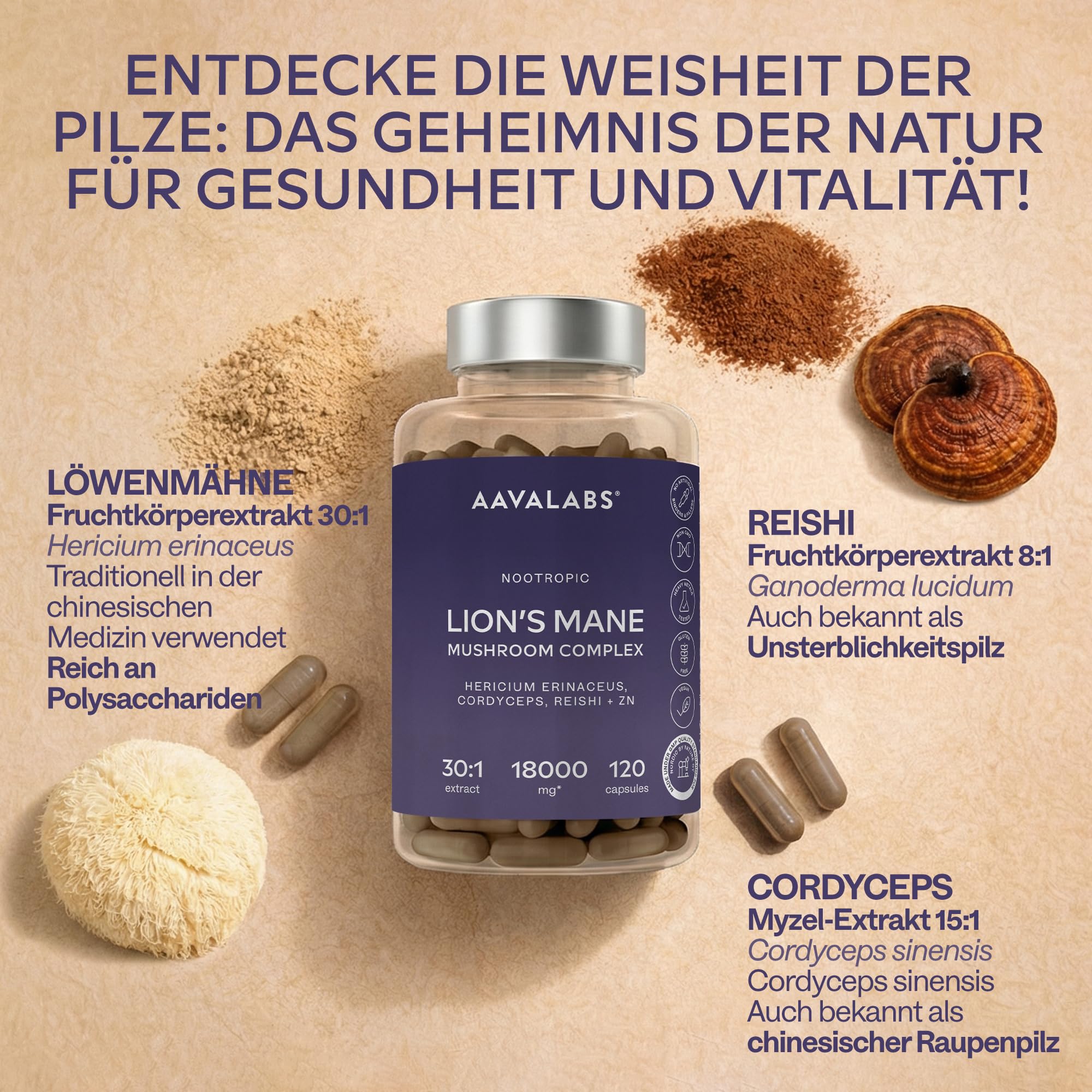 Lions Mane Mushroom Complex 18000 mg Hericium Erinaceus Hochdosiert 30:1 Extrakt - Löwenmähne Pilz - Lions Mane Kapseln mit Reishi, Cordyceps & Zink - 120 Kapseln