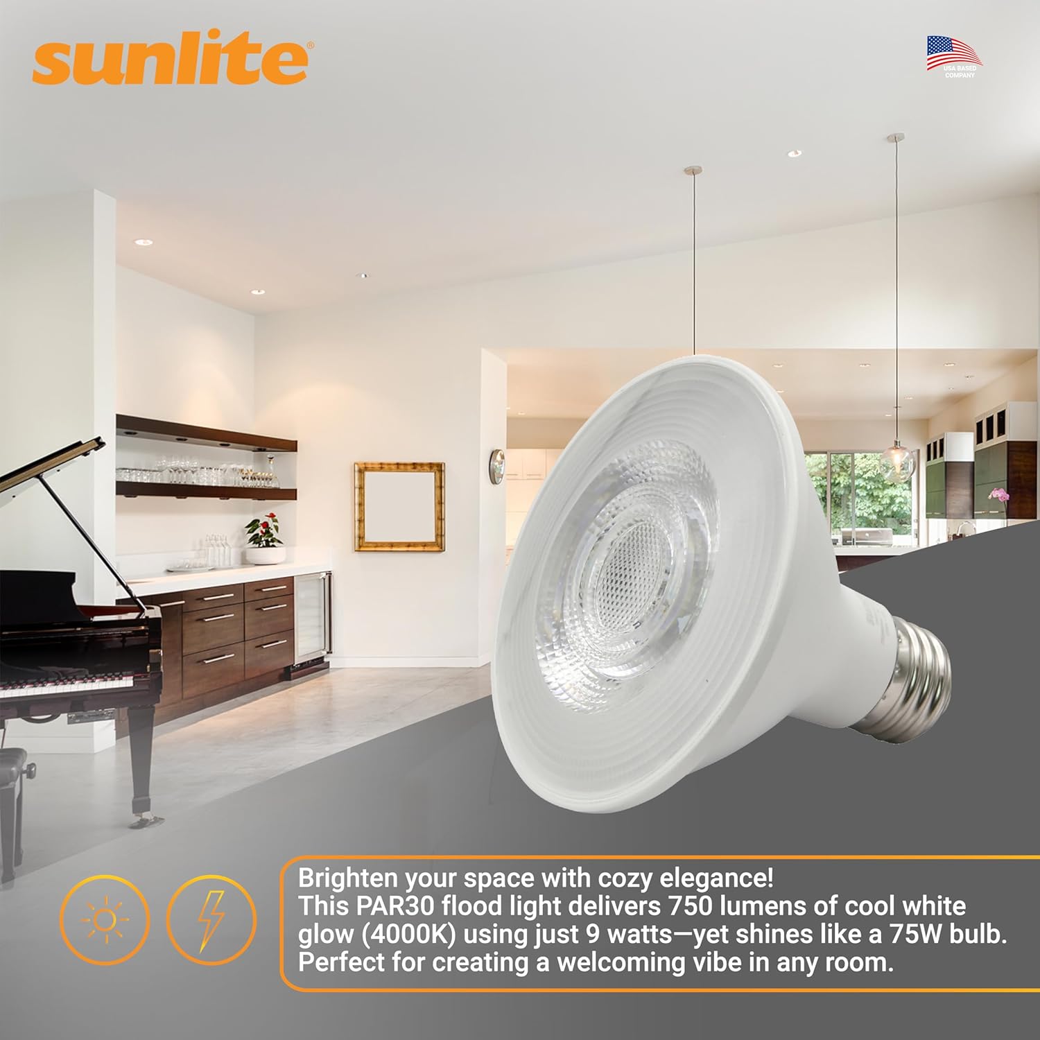 Sunlite Reflector PAR30 LED Bulb, Spotlight, 9W (75W=), 750 Lmns, Medium E26 Base, 90 CRI, Dimmable, Decorative Track Lighting Use, ETL, Title-20 Compliant, Bulk, 24 Pack, 40K-Cool White