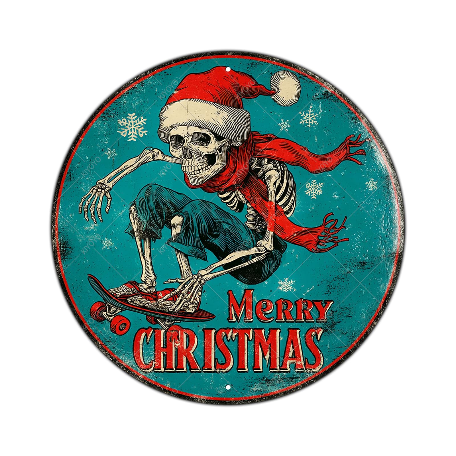 Ensound A391 Christmas Skeleton Round Sign Vintage Tin Metal Sign Merry Christmas Wall Art Decoration For Indoor Outdoor Garden Home Winter Decor 12X12 Inch