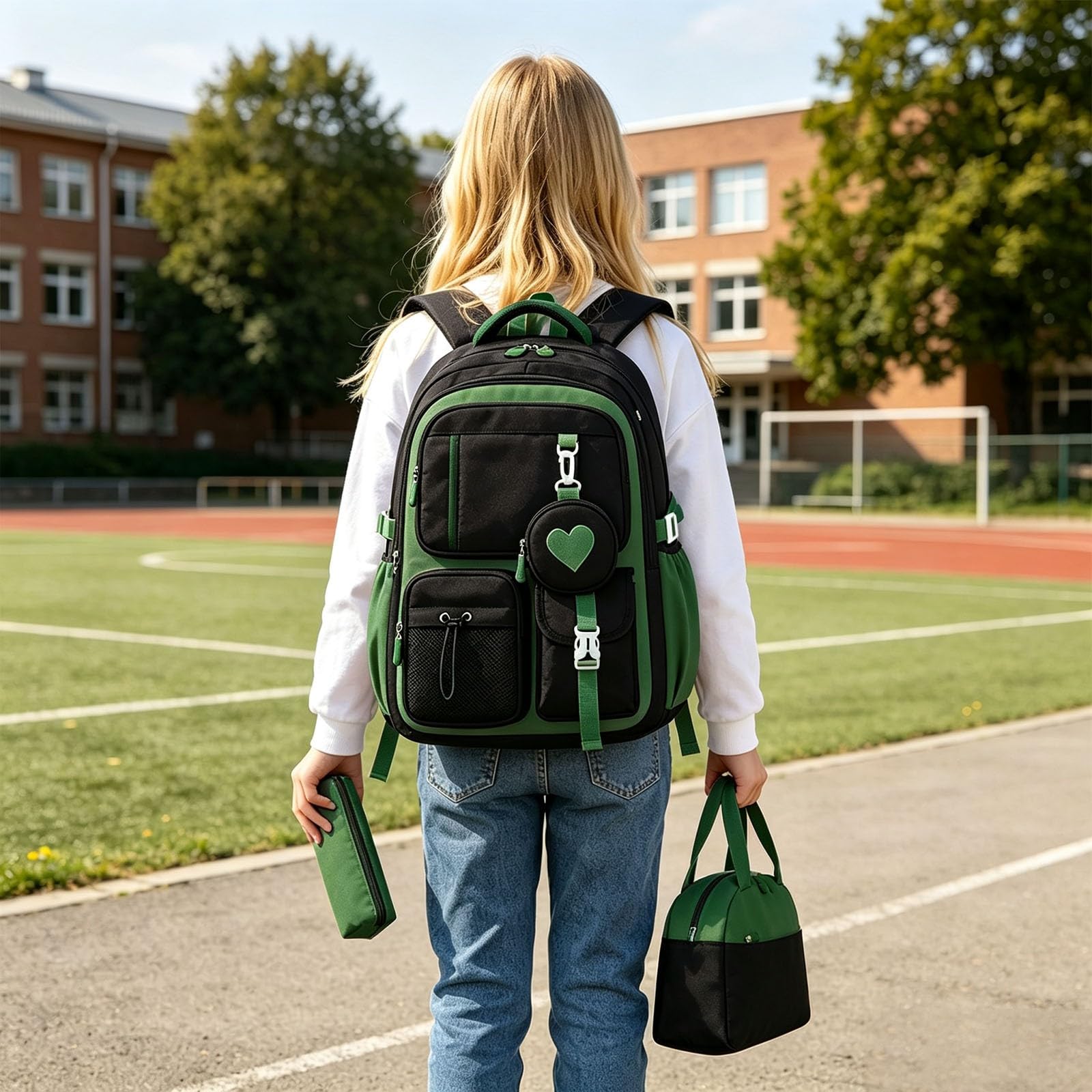 Zaino Bambina Scuola Elementare - Zainetto Bambina,Zainetto per bambini con porta pranzo e matita ideale per la scuola i viaggi e per uno zaino leggero e casual.(Green One Size)