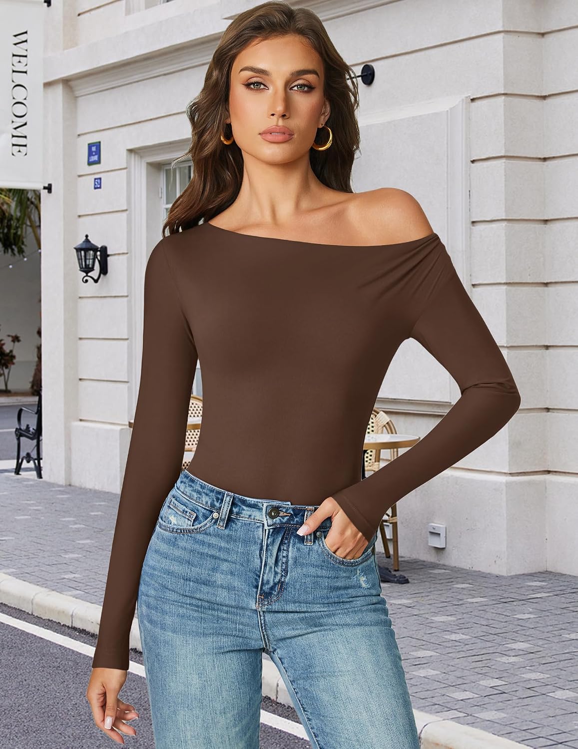 Avidlove Womens Long Sleeve Body Suits Cold Shoulder Tops One Piece Thong Bodysuit Fall Outfits Leotard (Brown, M)