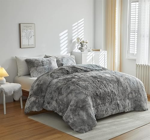 Miniatura 4 de Wajade Juego de edredón de felpa de pelo sintético teñido anudado gris y blanco, juego de cama mullido y mullido - Juego de edredón de microfibra