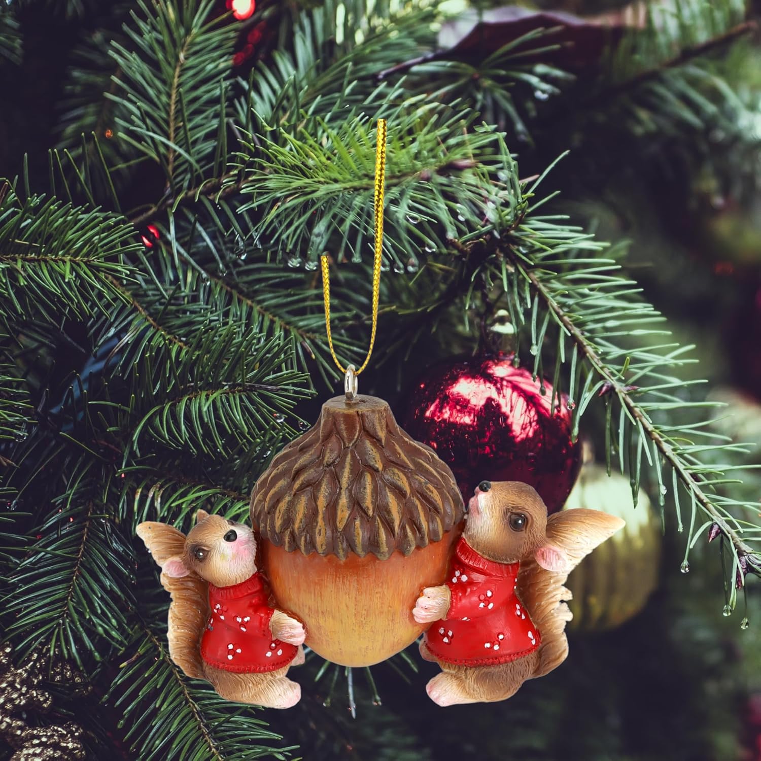 Needzo Festive Christmas Ornament, Squirrels in Sweaters Holding Acorn, Woodland Themed Holiday Decoration, 2.25 Inches - Image 3