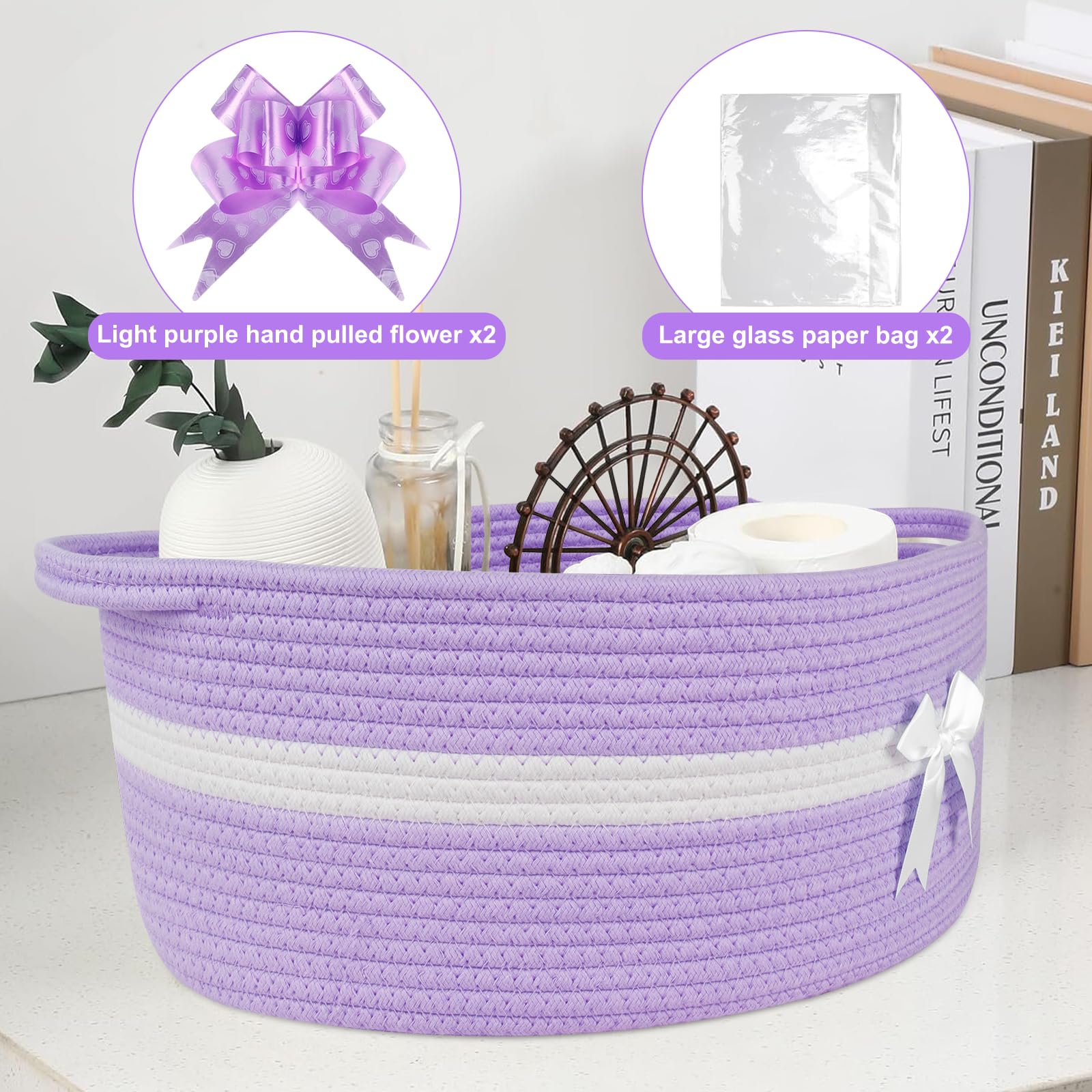 Lotvic Cesto regalo grande, 43 x 32 x 18 cm, kit cestino, cesto vuoto con sacchetti di cellophane e fiocchi, cesti regalo in corda con manici, cesti regalo in tessuto per baby shower, matrimoni