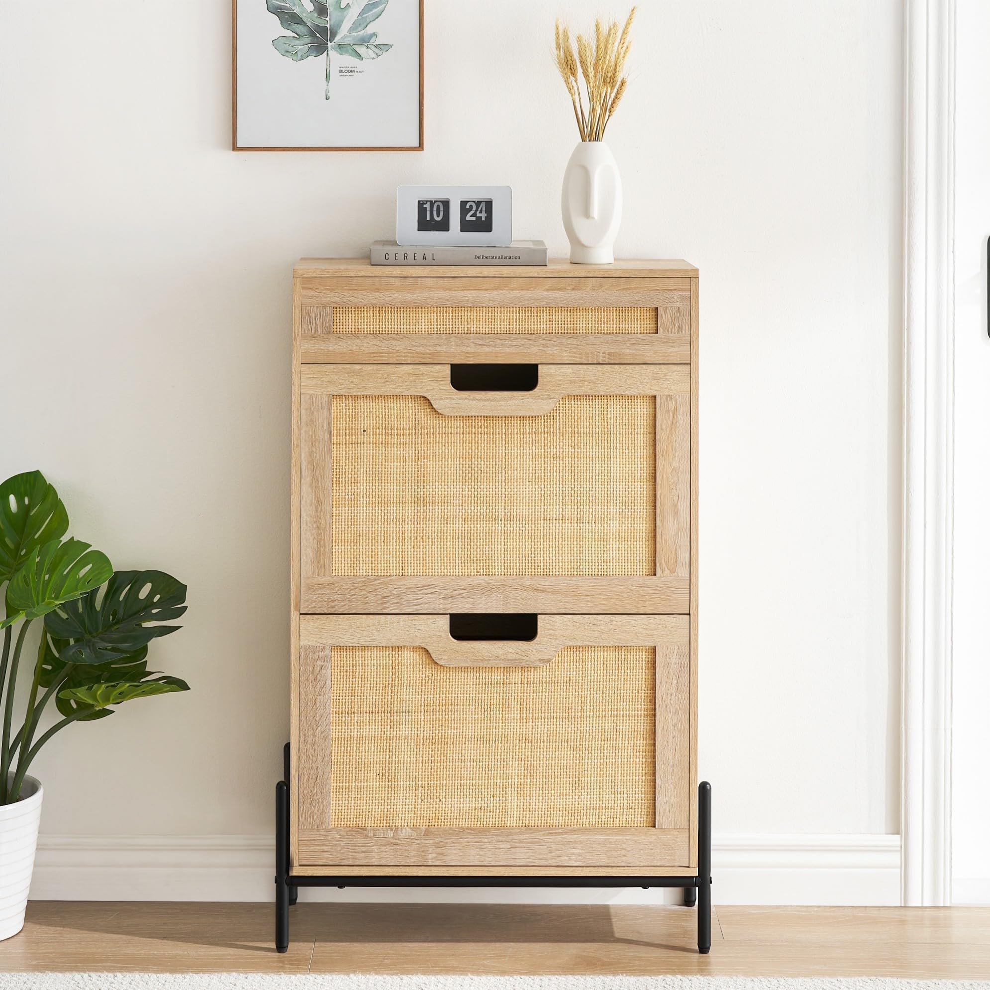 IDEALHOUSE Natural Rattan 2 Flip Door with 1 Drawer Shoe Cabinet Organizer Freestanding, Shoe Rack Storage Cabinet for Entryway with 3-Tier Adjustable Shelves for Slippers, Sneakers, Heels, Boots