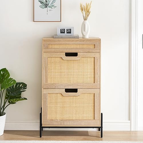 Miniatura 1 de IDEALHOUSE Gabinete de 2 puertas abatibles de ratán natural con 1 cajón, organizador de zapatos independiente, zapatero para entrada con estantes