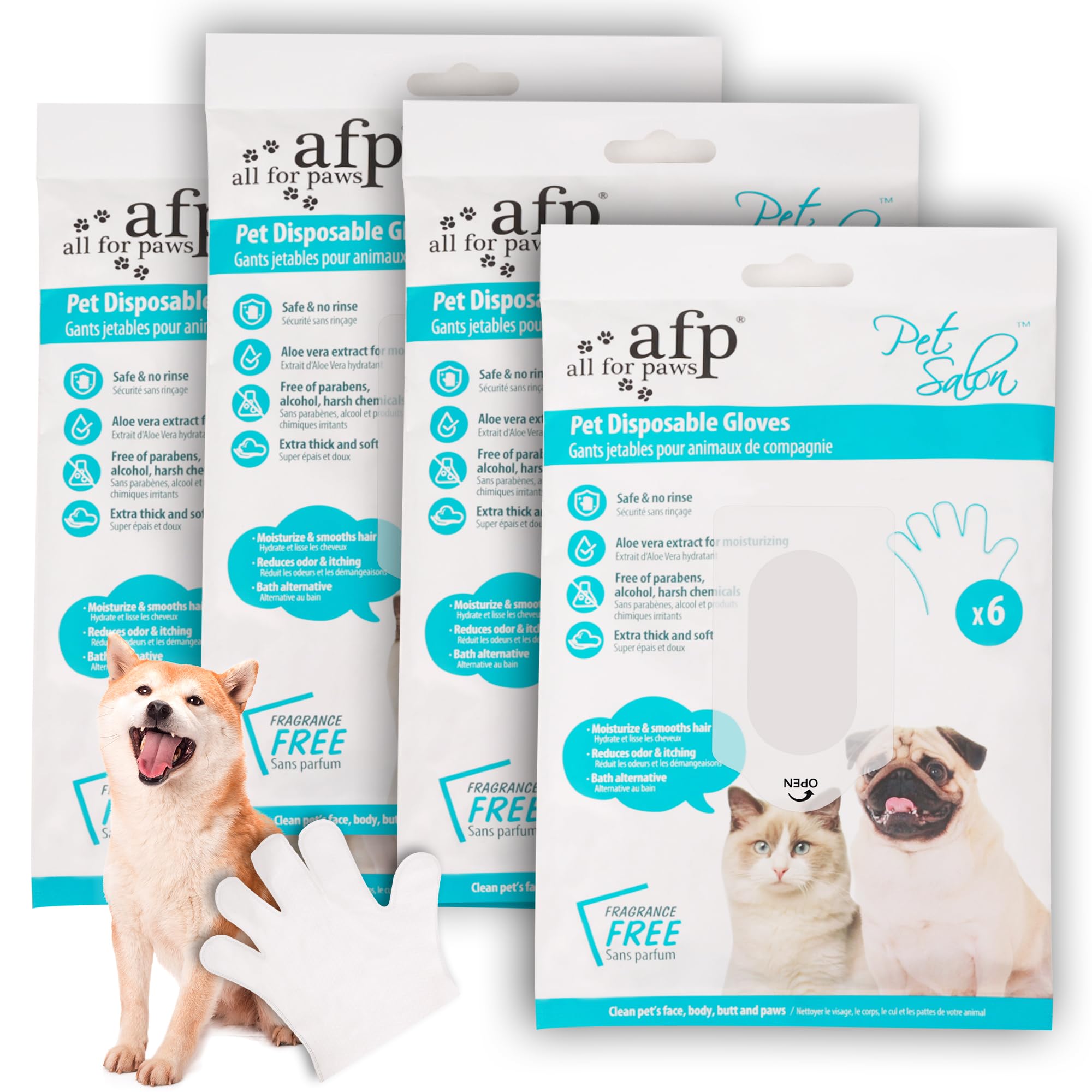 All For Paws 【24枚】手袋型 ウェットティッシュ ペット用 ボディシート 体拭きシート 大判 潤い 厚手 無香料 舐めても安心 6枚x4個 犬猫共用 お口 耳 目の周り おしりふき 全身清潔用 (【お得パック】 4個)
