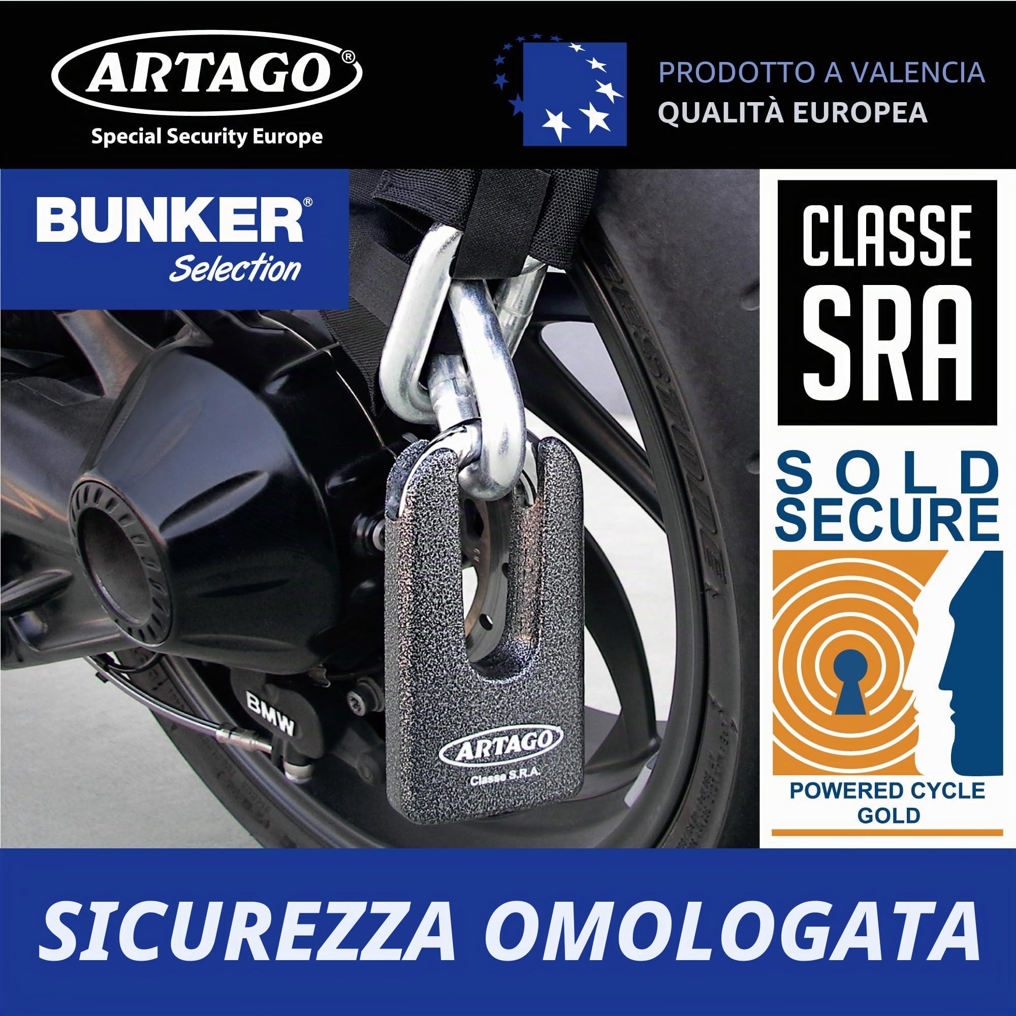 ARTAGO 69T120 Lucchetto Antifurto Moto Catena Massima Sicurezza Bunker, Doppia Funzione, Omologato, Sold Secure Gold e Sra, Nero/Grigio, ø15 120cm