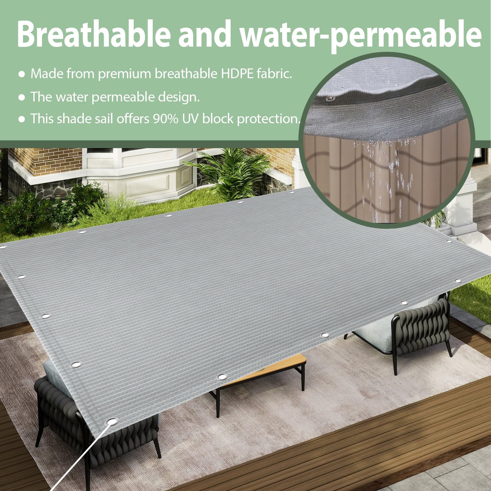 Sonnensegel Rechteckig 2 x 4.2 m Wasserdurchlässig Atmungsaktiv Rechteckig Sonnensegel Edelstahlösen für Patio, Hof Und Poolbereich, Grau