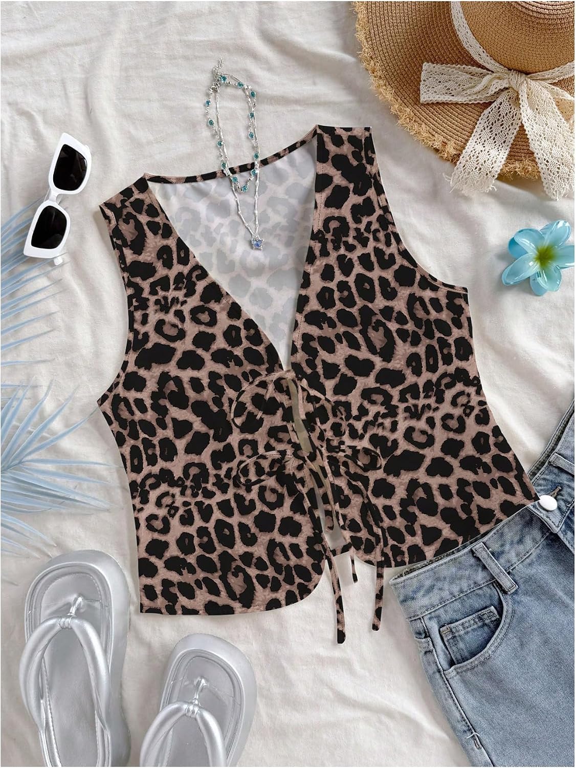 SHENHE Women's Leopard Vest Tie Front Cheetah Top Floral Sleeveless Vintage Cowgirl Western Vest