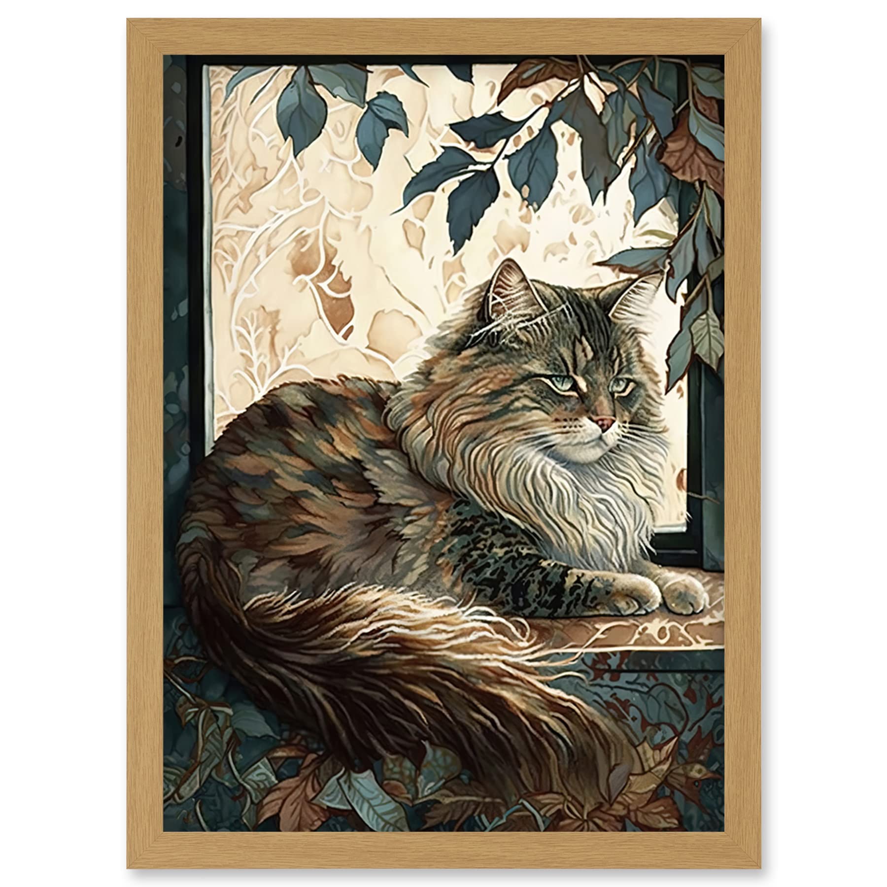 Artery8 Siberian Cat Perched on Window Sill in Autumn Modern Illustration Artwork Framed Wall Art Print A4