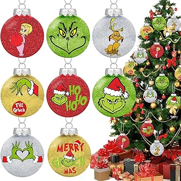 24Pcs Christmas Ball Ornaments Green Monster Plastic Hanging Decorations Balls Swirl Candy Cane Peppermint Christmas Tree Pendants for Xmas Tree Decoration(Red White and Green)
