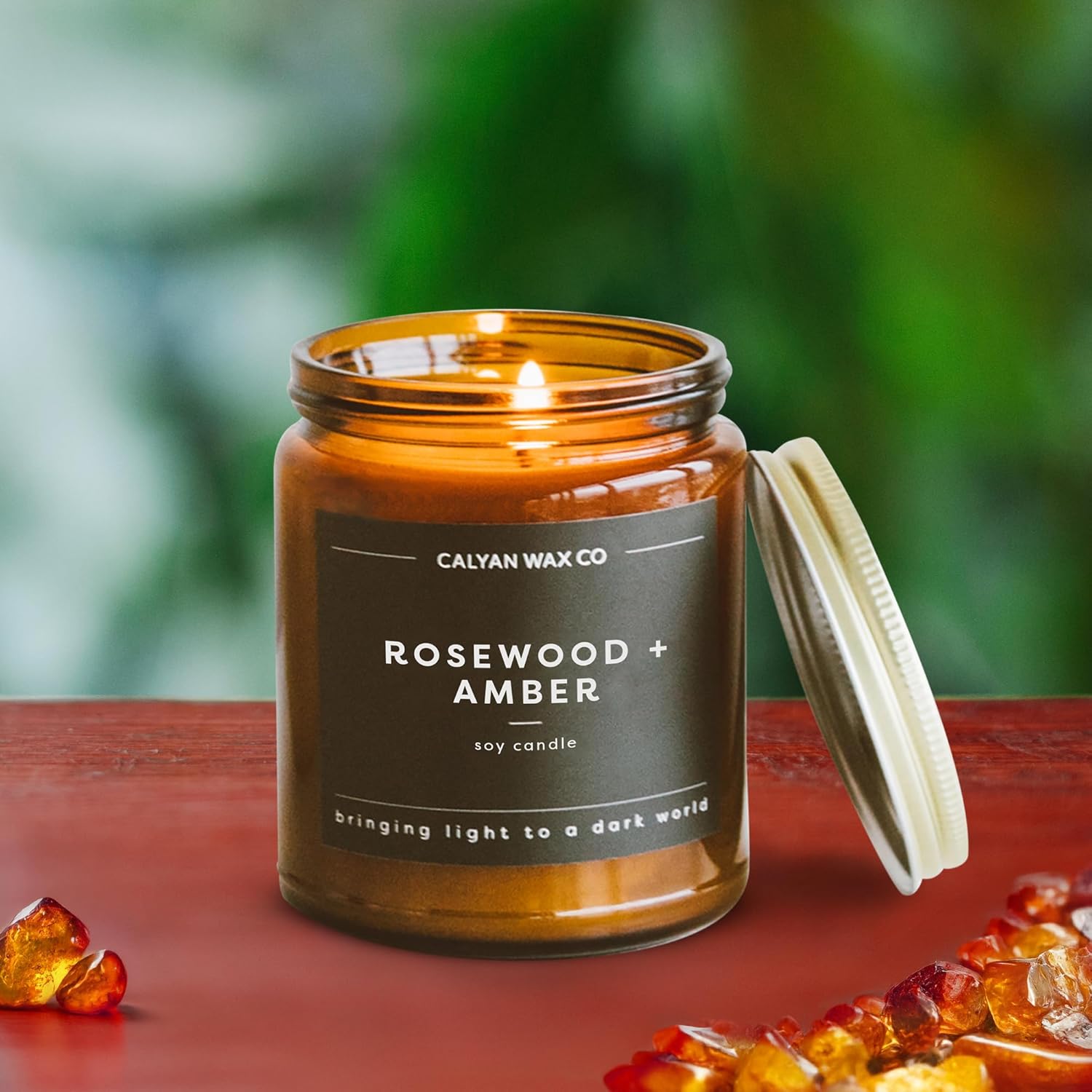 Calyan Wax Co. Rosewood & Amber Scented Candle - 57 Hour Burn - Luxury Non Toxic Soy Wax Candles - Long Lasting Amber Glass Jar Candle for Home - 7.2oz - Image 5