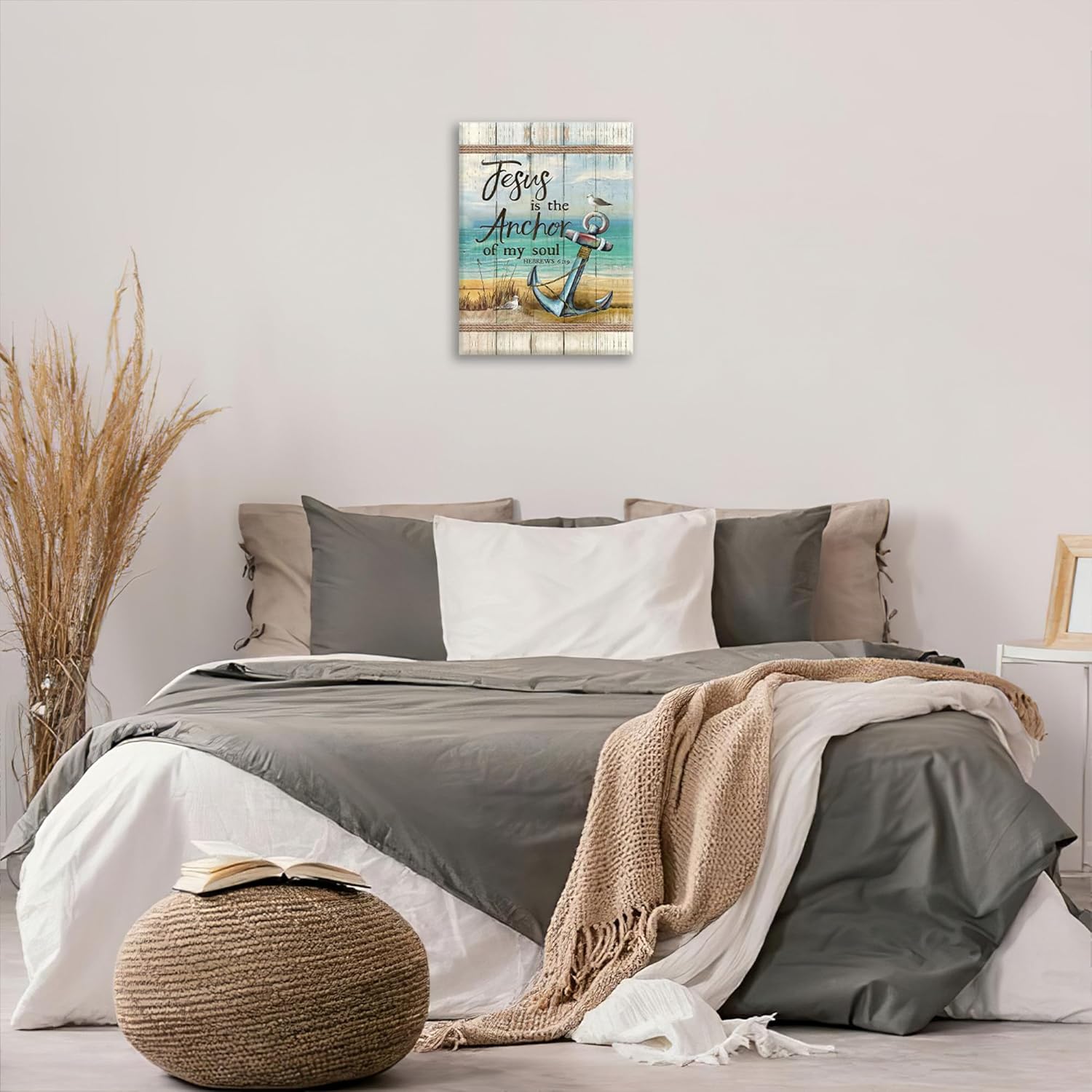 Christian Beach Anchor Wall Art Scripture Coastal Nautical Canvas Print Painting Bible Verses Pictures Framed Christian Gifts Artwork Dining Living Bathroom Bedroom Decor for Home Office 16"x20"