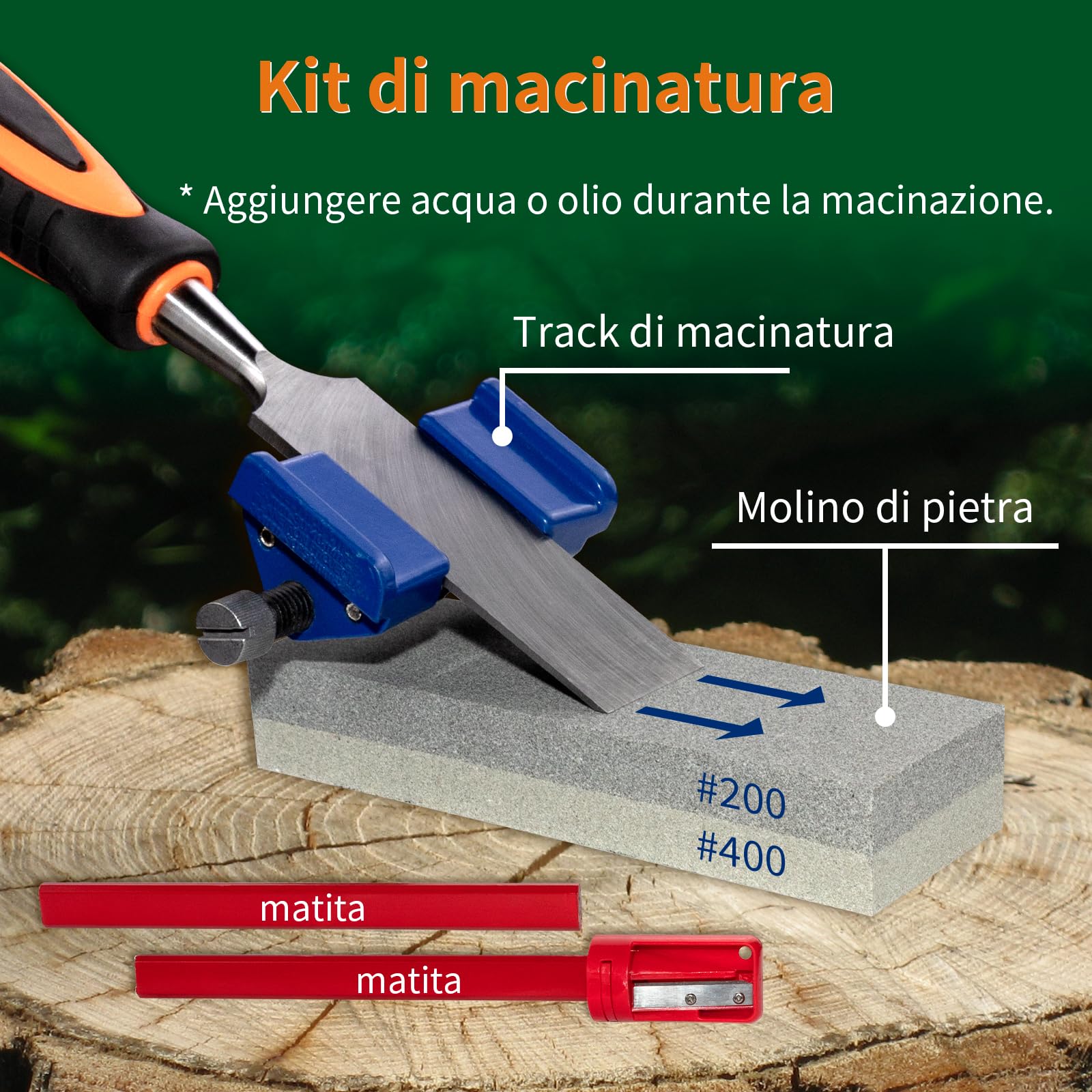 Set di Scalpelli per Legno 8 pezzi con 1 guida di affinamento, 1 pietra da macinatura e 2 penne da camera