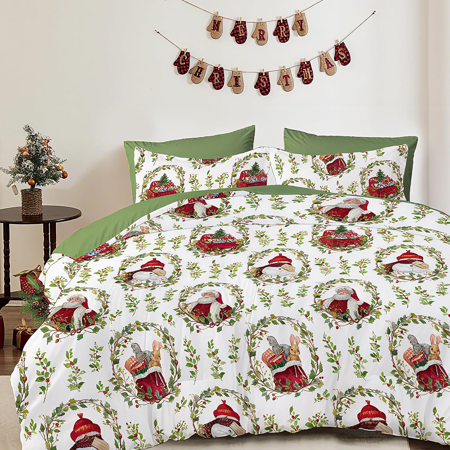 Dinjoy Cute Christmas Duvet Cover Set King with Pillow Shams, Green Holiday Themed Bed Cover, 3-Piece Reversible Wreath Candy Box Santa Claus Bedding Set with Zipper for Fall Winter Green Wreaths King