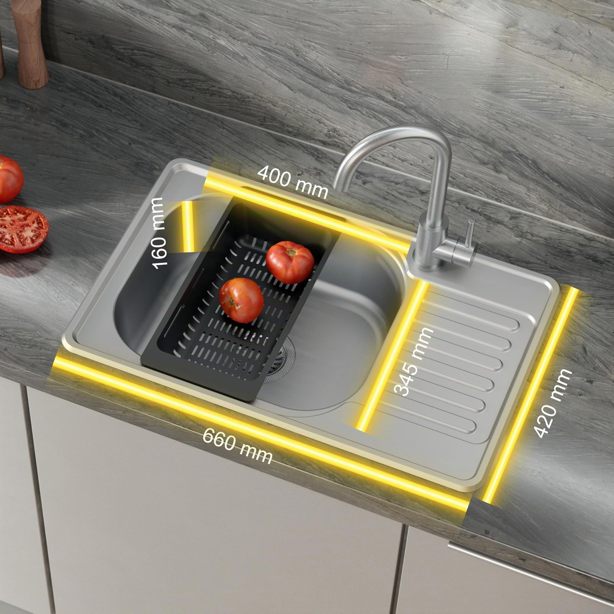 QUADRON Fregadero moderno de acero inoxidable | Tamaño 50 cm Color: Satin | Fregadero de cocina | Desagüe incluido | Encaja en mueble de al menos 50 cm