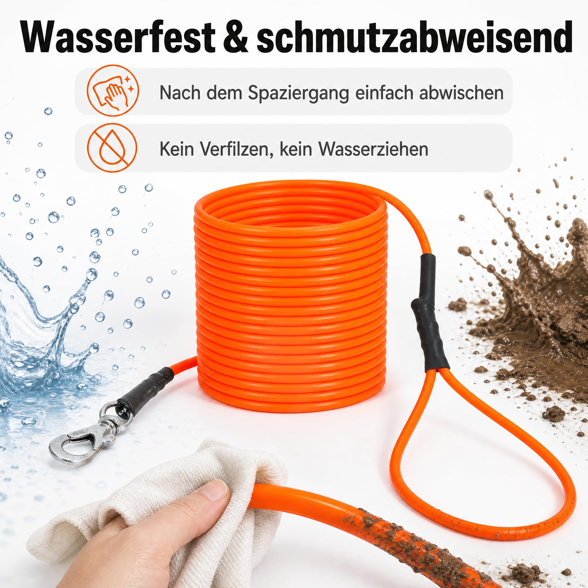 Schleppleine 10 m für Hunde, PVC-ummantelte Trainingsleine mit Handschlaufe, Neonorange, rutschfest & wasserfest, 240 kg Zugkraft (Herstellerangabe), robuster Metall-Karabiner für Rückruftraining