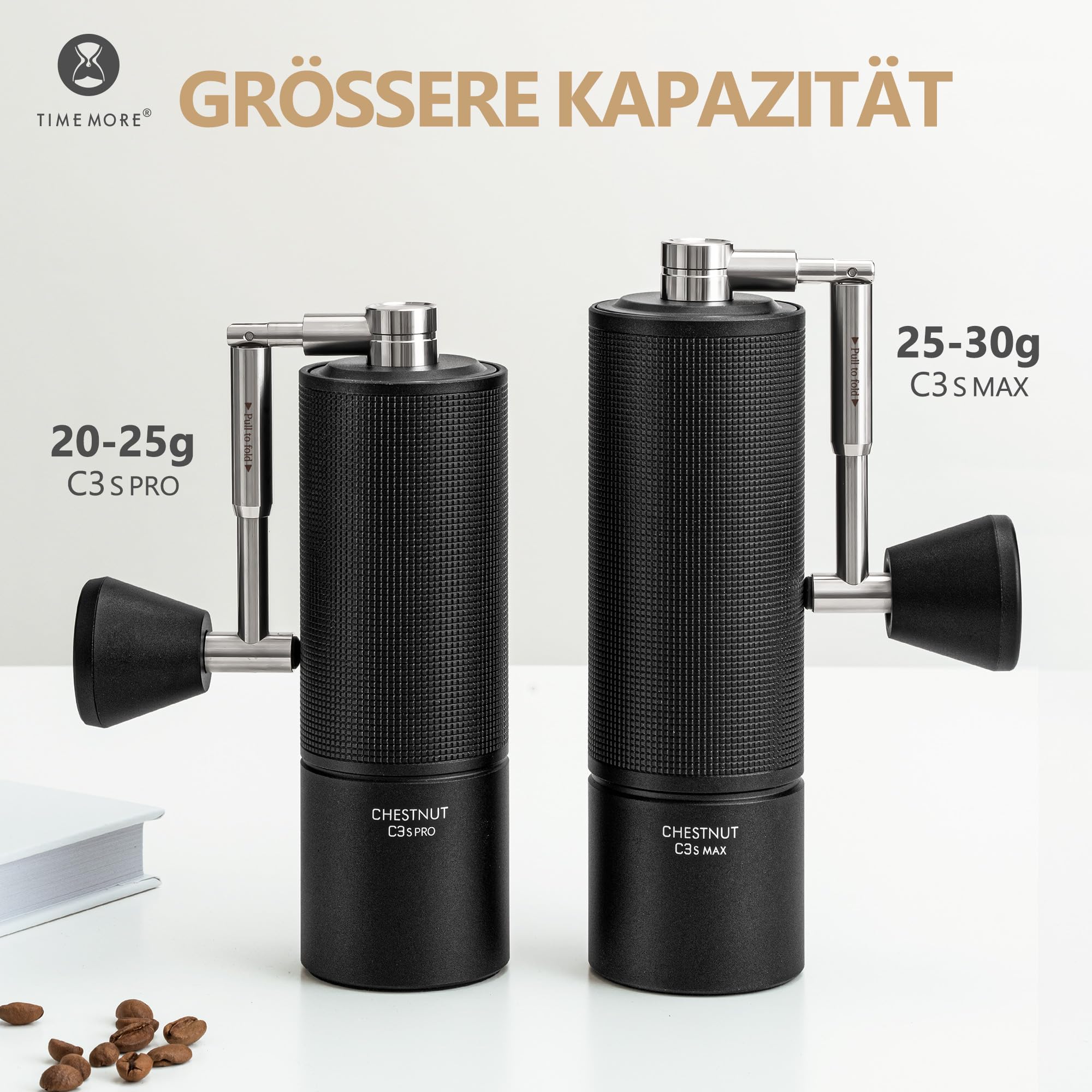 TIMEMORE Chestnut C3s Max, manuelle Kaffeemühle, Upgrade integriertes Ganzmetallgehäuse, Edelstahl S2C Kegelschliff, Handkaffeemühle mit Klappgriff, für Espresso bis French Press, Schwarz