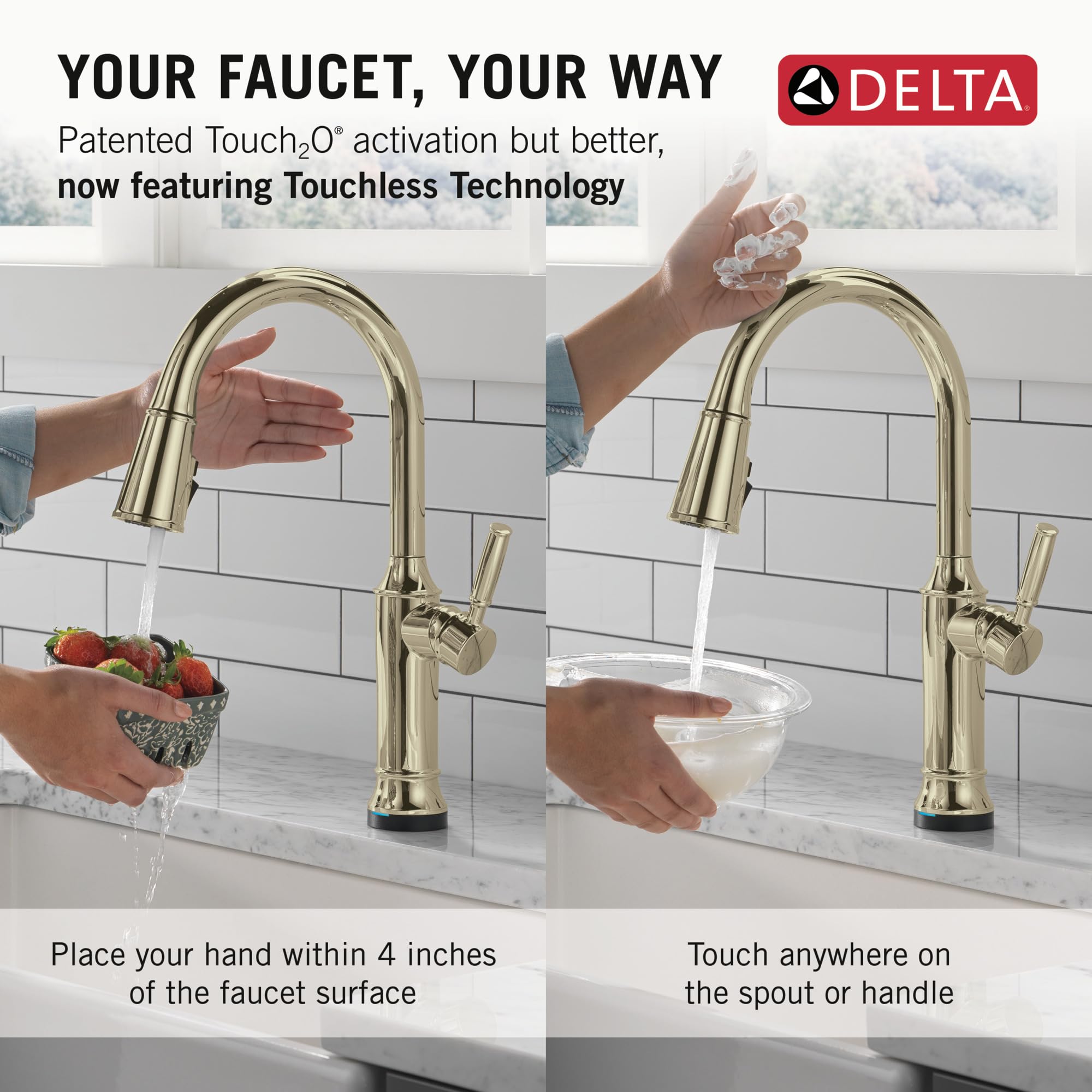 Delta Faucet Renaldi - Grifo de cocina sin contacto con tecnología táctil, grifo de fregadero de cocina de níquel pulido, grifo Delta ProClean, grifo de cocina extraíble, níquel pulido Lumicoat