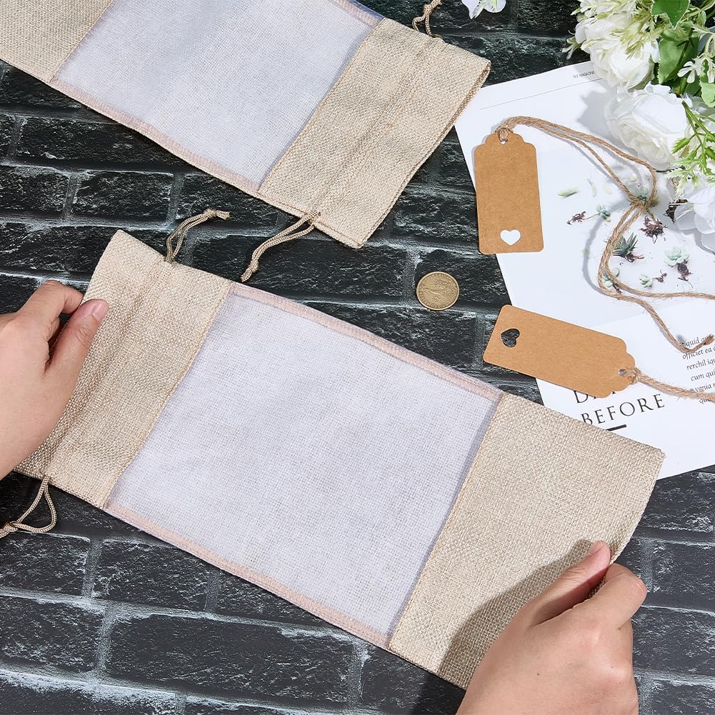 Beebeecraft 2Pcs 14.5x6.5 Inch Burlap Wine Bags with Tag Visible Window Drawstring Wine Bottle Gift Jute Pouches for Champagne Whiskey Sleeves Bag Storage