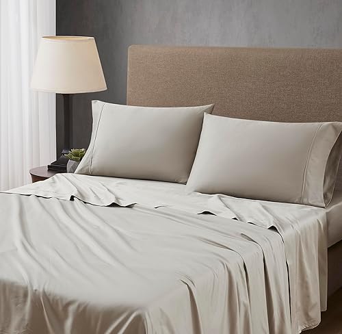 Miniatura 5 de Linen Closet Juego de sábanas de 4 piezas de satén de algodón de 400 hilos, tamaño King, color gris pardo