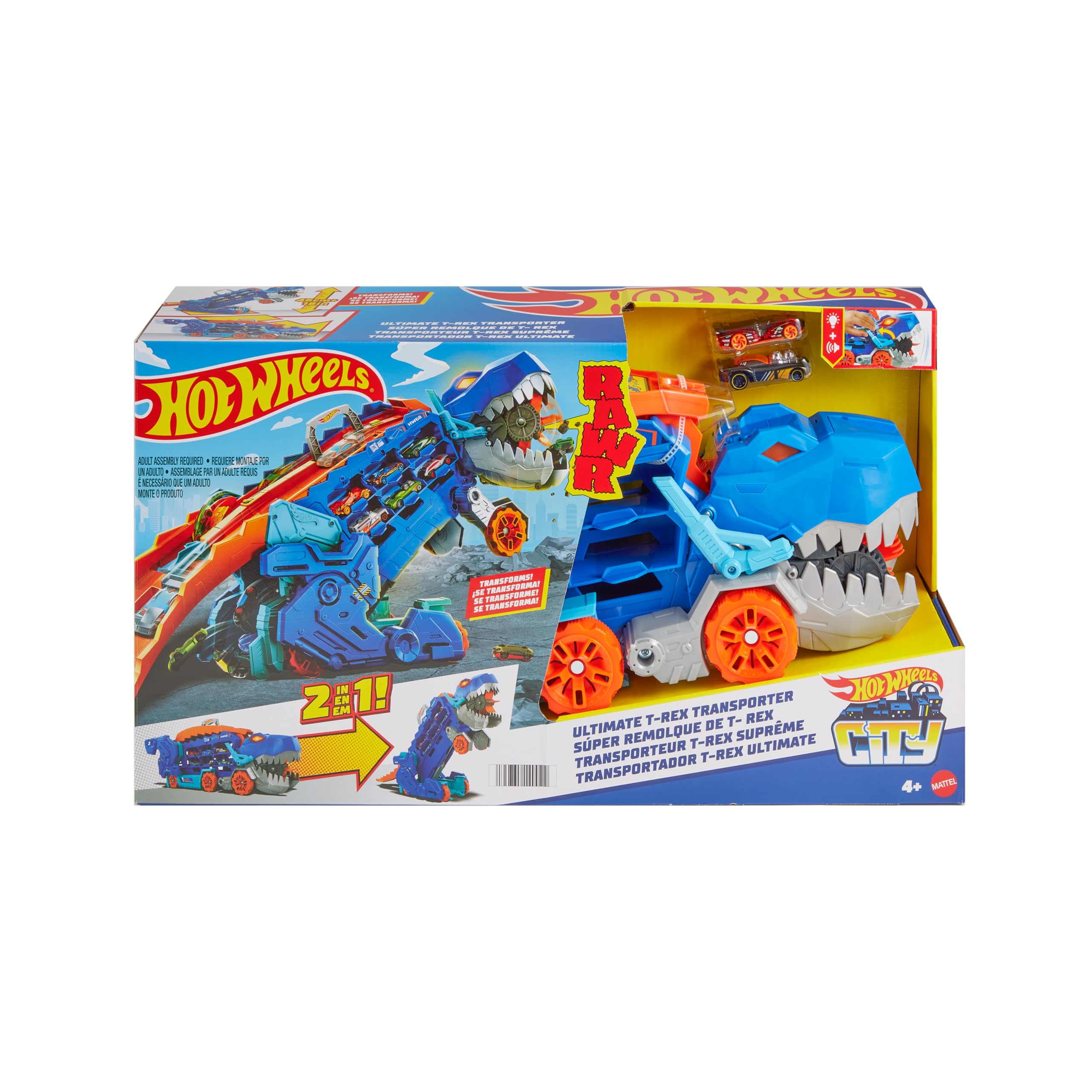 Hot Wheels Let's Race Netflix Transporter zu T-Rex Autorennbahn mit Beleuchtung und Geräuschen, inkl. 2 Spielzeugautos, Platz für 20 Autos, ab 4 Jahre HNG50