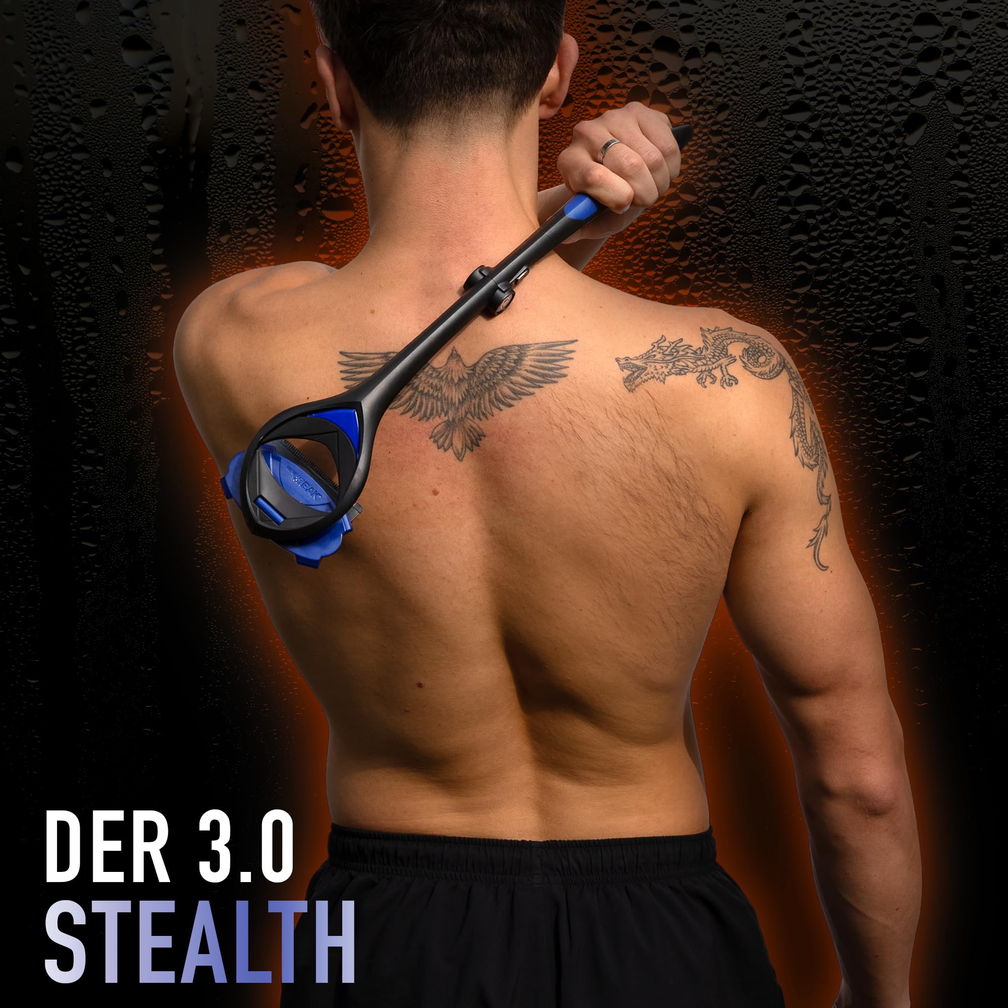 BakBlade 3.0 Stealth – Rückenrasierer für Herren, Extra Langer, Ergonomischer Griff für eine Gründliche, Schmerzfreie Rasur | Ultimativer Rückenhaarentferner für Herren, +3 Ersatzklingen