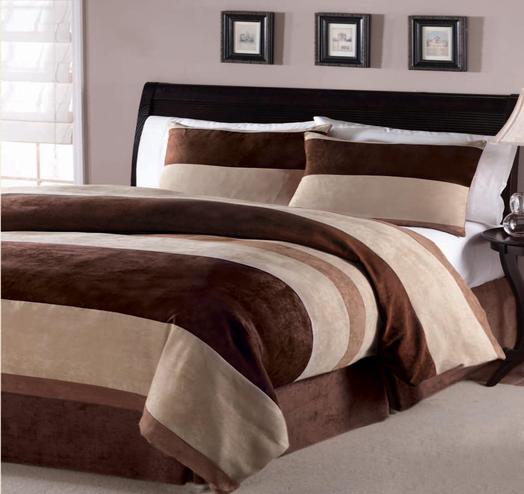 Liquidations Center Micro Suede Comforter Set Bedding Set/Bed-in-a-Bag, Queen Size, Beige, Brown & Chocolate Brown, 4 Piece